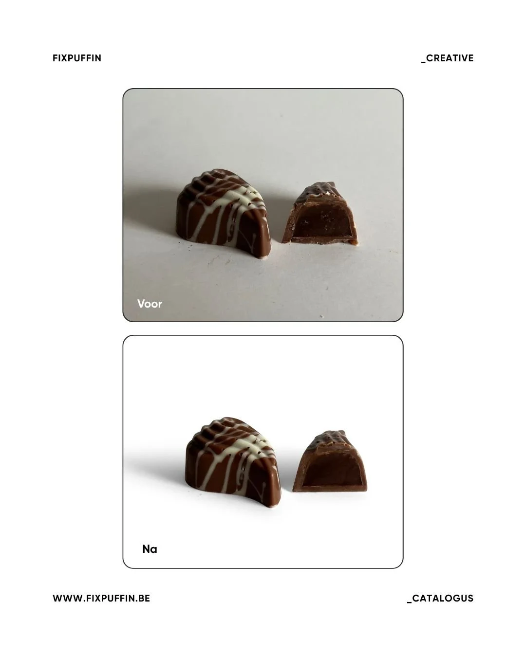 Ik maak geen foto's.
Maar ik maak wel catalogi waar je van kan smullen.
Een klant leverde me productfoto's aan. Goed bedoeld, maar niet goed genoeg voor een professionele catalogus. Ruwe achtergronden, ongelijke belichting, geen consistentie.
Dus ik 