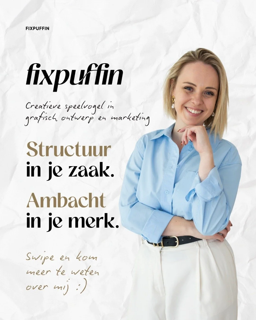 Je merk verdient structuur &eacute;n stijl... met een flinke dosis ondersteuning en goesting. 🪶 Maak kennis met de Fixpuffin. Mijn naam is Charlotte, creatieve speelvogel in grafisch ontwerp en marketing.

Van branding en grafisch ontwerp tot digita