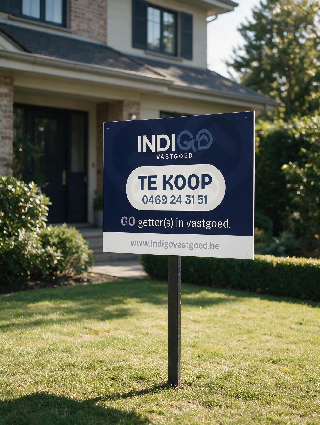 A real estate sign in the front yard of a house, with text in Dutch advertising a property for sale.