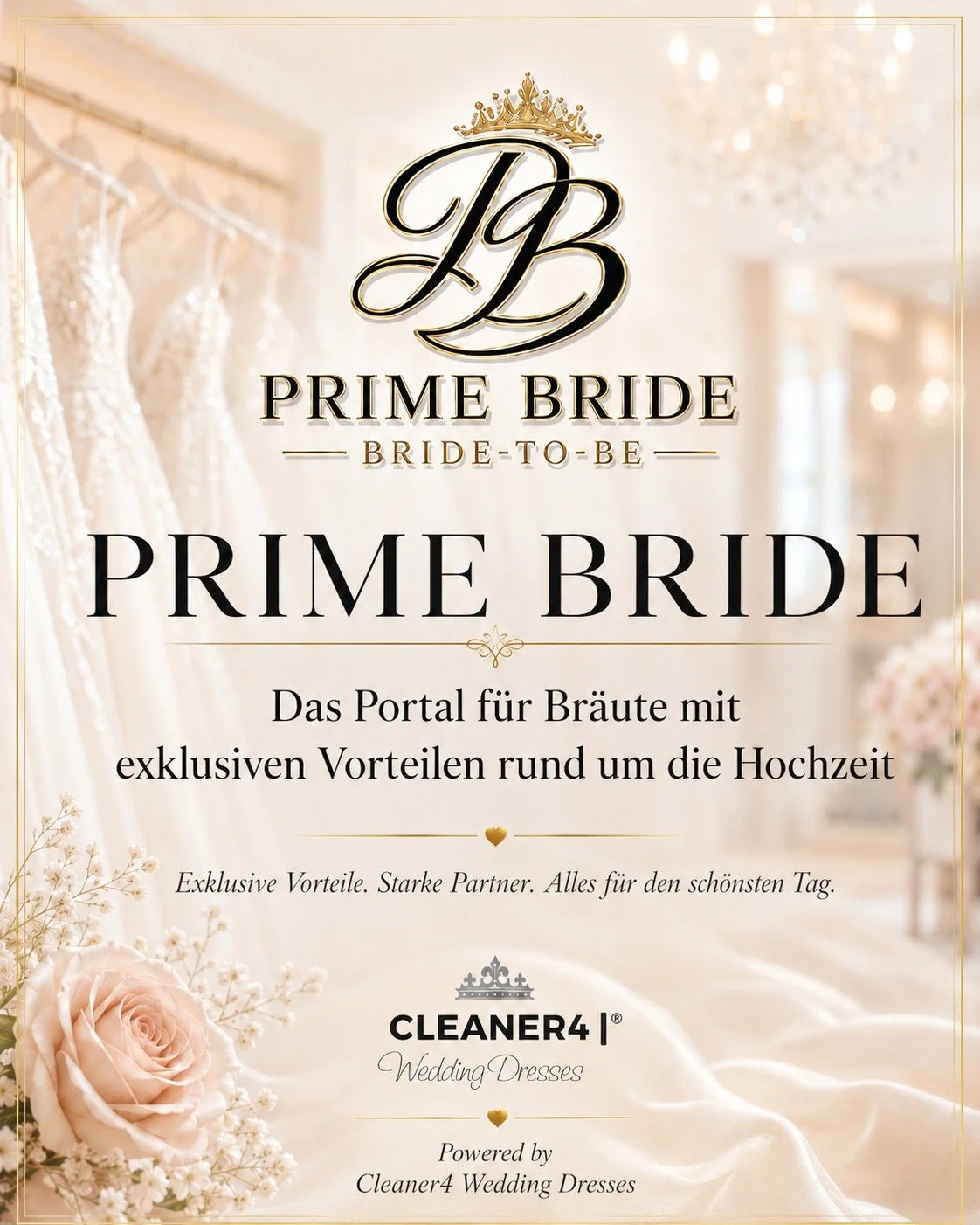 ✨ Willkommen bei Prime Bride ✨
Prime Bride ist das Portal f&uuml;r Br&auml;ute, die rund um ihre Hochzeit besondere Vorteile, ausgew&auml;hlte Partner und exklusive Empfehlungen entdecken m&ouml;chten.
Ob Brautmode, Beauty, Accessoires, Reinigung, Pl