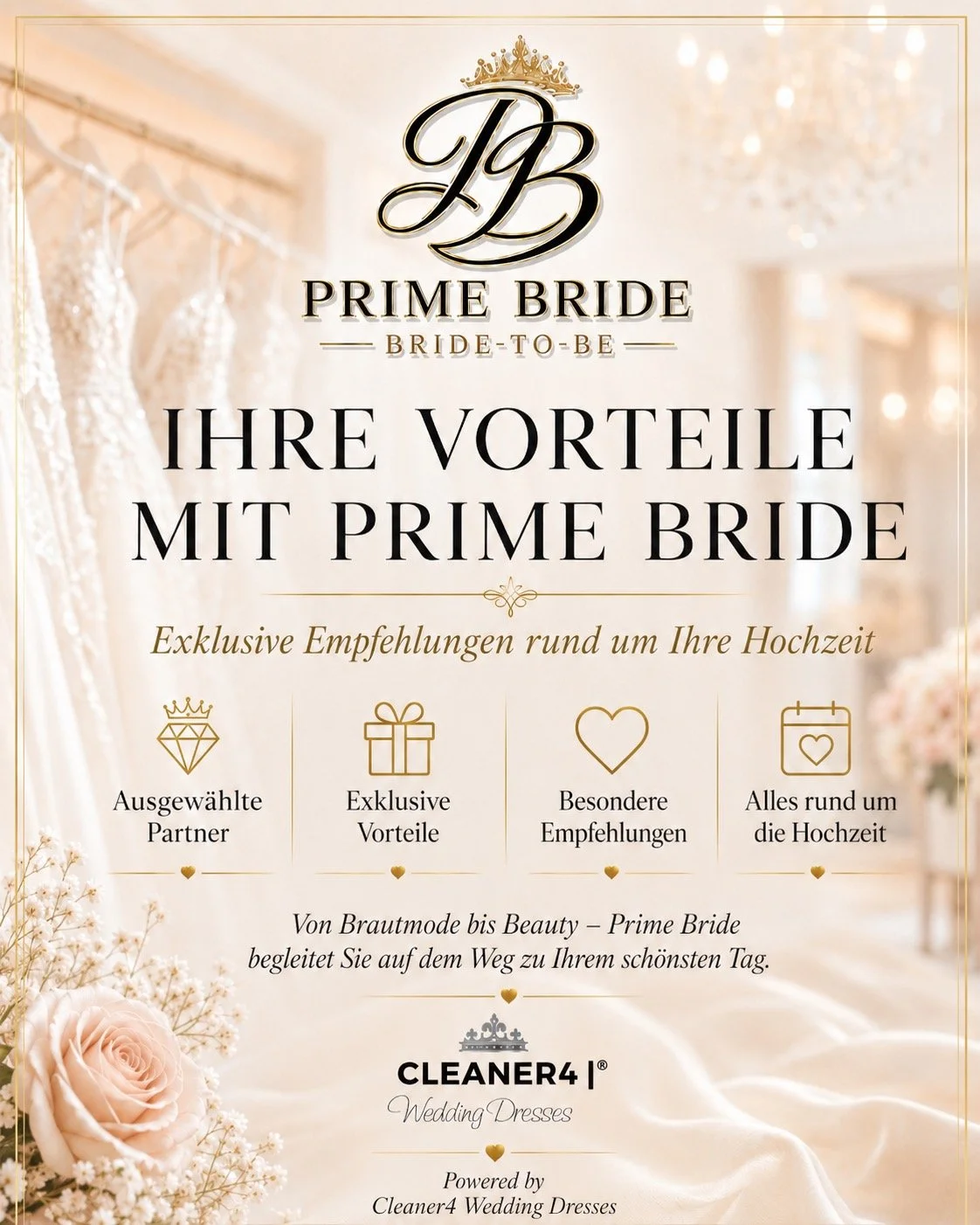 ✨ Ihre Vorteile mit Prime Bride ✨
Prime Bride ist f&uuml;r Br&auml;ute gemacht, die rund um ihre Hochzeit besondere Vorteile und ausgew&auml;hlte Partner entdecken m&ouml;chten.
&Uuml;ber Prime Bride finden Br&auml;ute Empfehlungen, Angebote und Insp