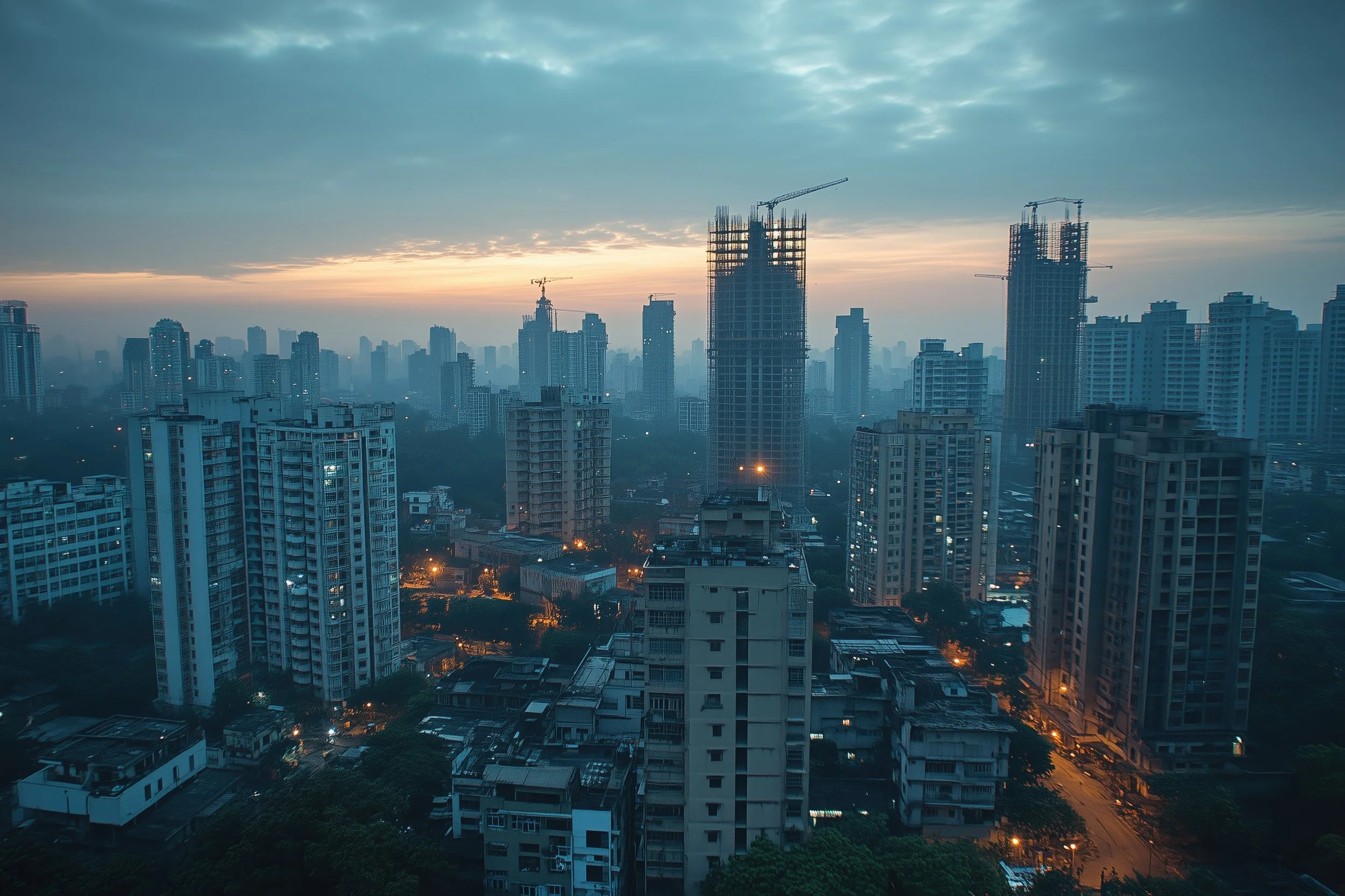 A city skyline at dusk with high-rise buildings, some under construction with cranes, and a layer of clouds overhead.