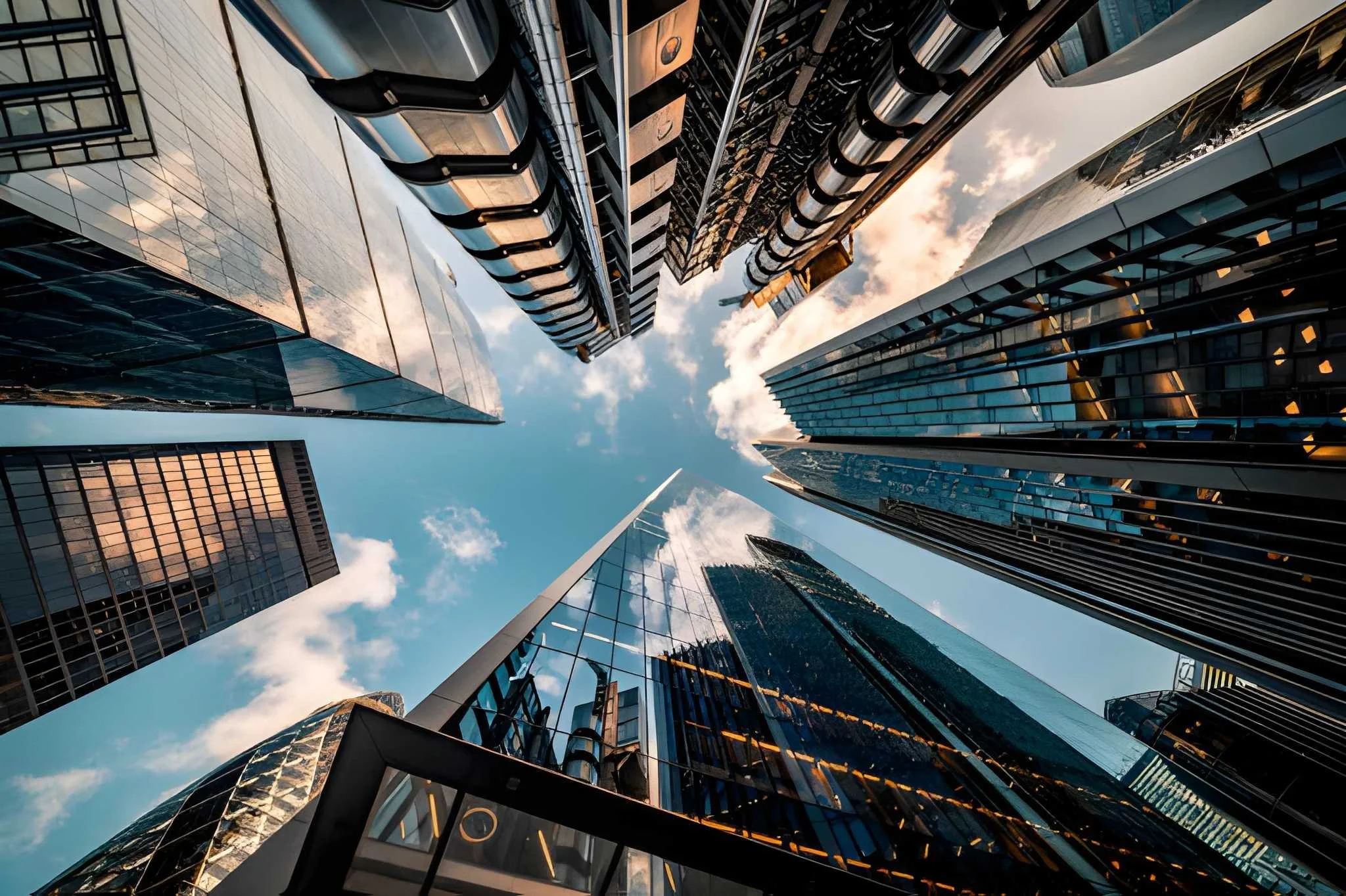 Looking up at tall modern skyscrapers with glass facades reflecting the sky and clouds.