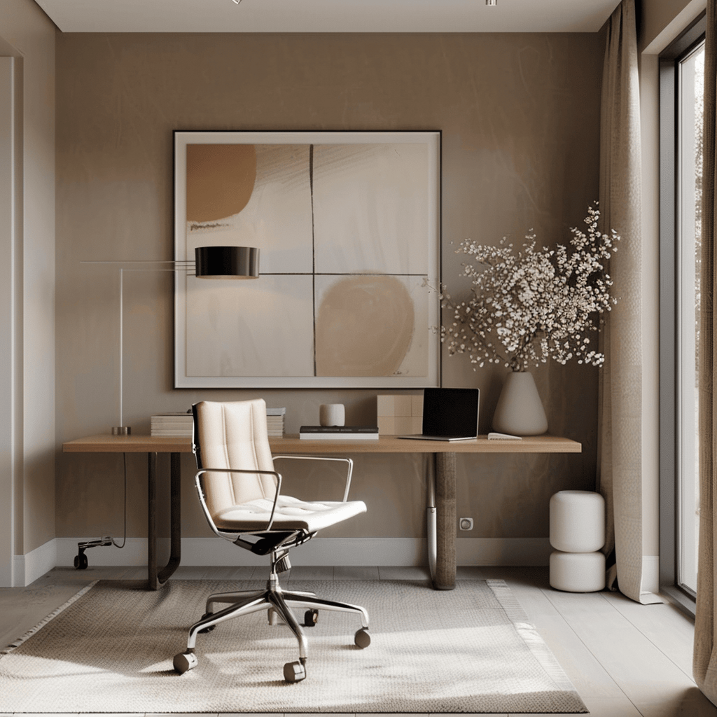 Modern home office with a beige chair, wooden desk, large abstract art, black lamp, white vase with flowers, stack of books, and a laptop near a large window with curtains.