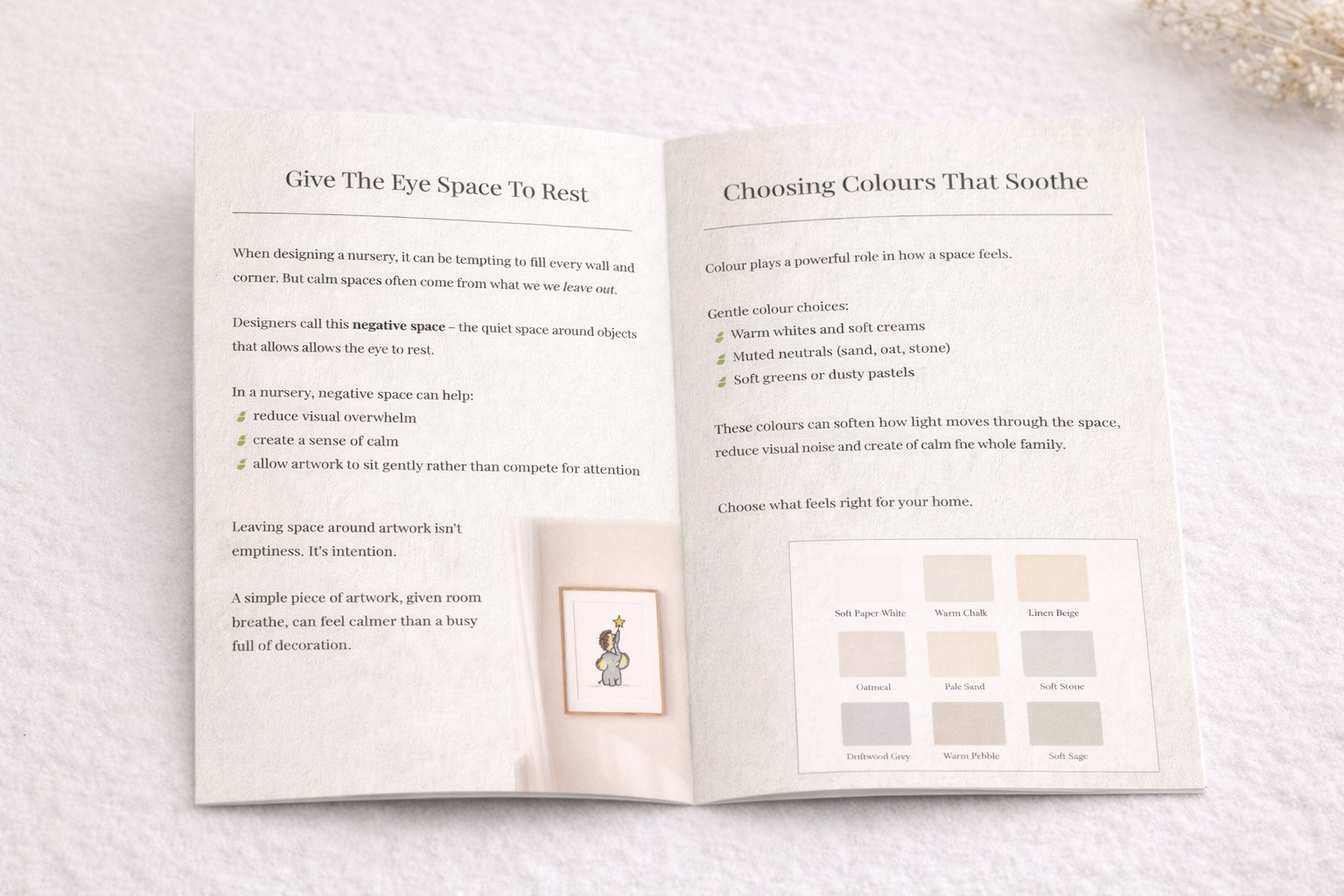 Open calm nursery guide pamphlet showing tips on negative space and soothing nursery colours