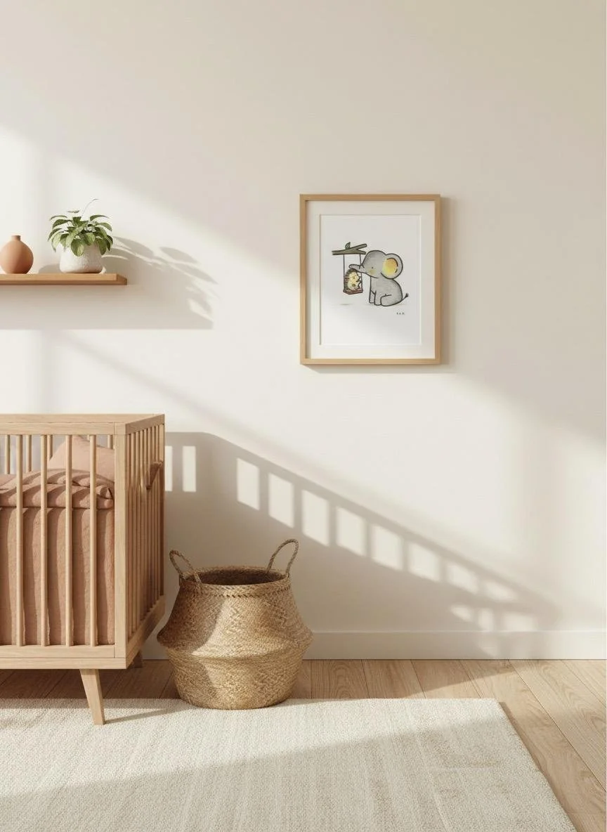 A minimalist nursery with a wooden crib, a woven basket, a floating shelf with potted plants and vases, and a framed illustration of a baby elephant and hedgehog on the wall. Sunlight creates shadows across the wall and floor.