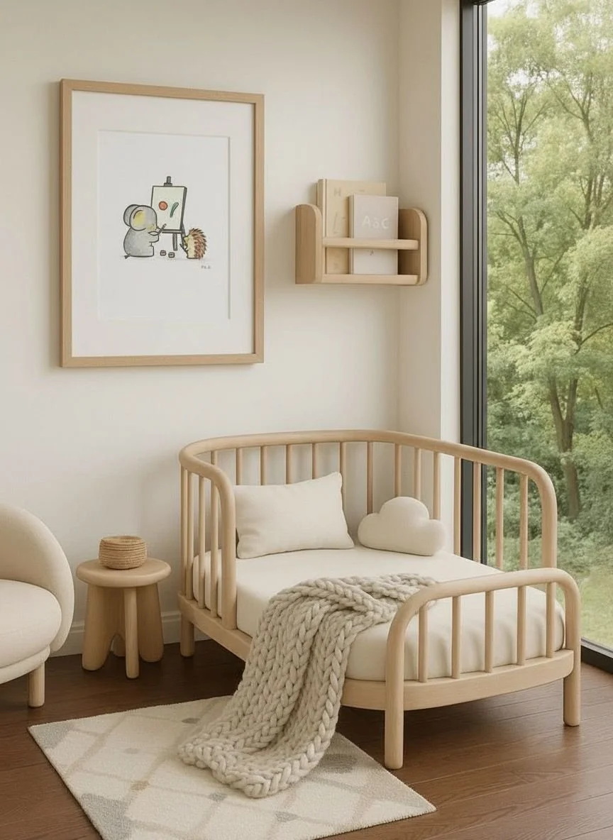 A cozy nursery with light wood furniture, including a bed and small side table, decorated with cloud-shaped accents. A large window shows green trees outside, and a framed artwork of a baby elephant and hedgehog hangs on the wall.