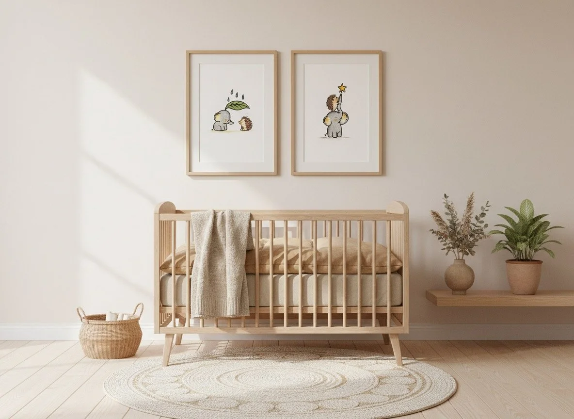 Lifestyle mock-up of the Calm Nursery Guide displayed in a neutral nursery setting with gentle artwork and soft tones