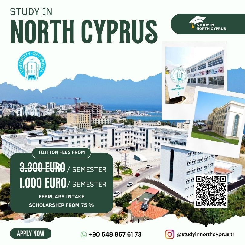 Flyer promoting studying in North Cyprus with images of university buildings, tuition fees, and contact information.