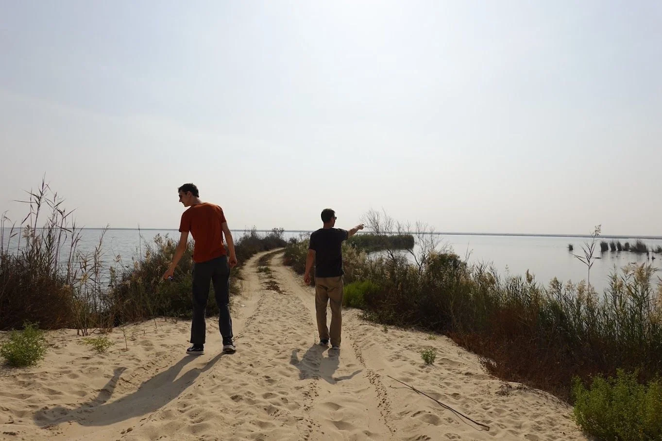 Two people walking along a sandy path beside the water
