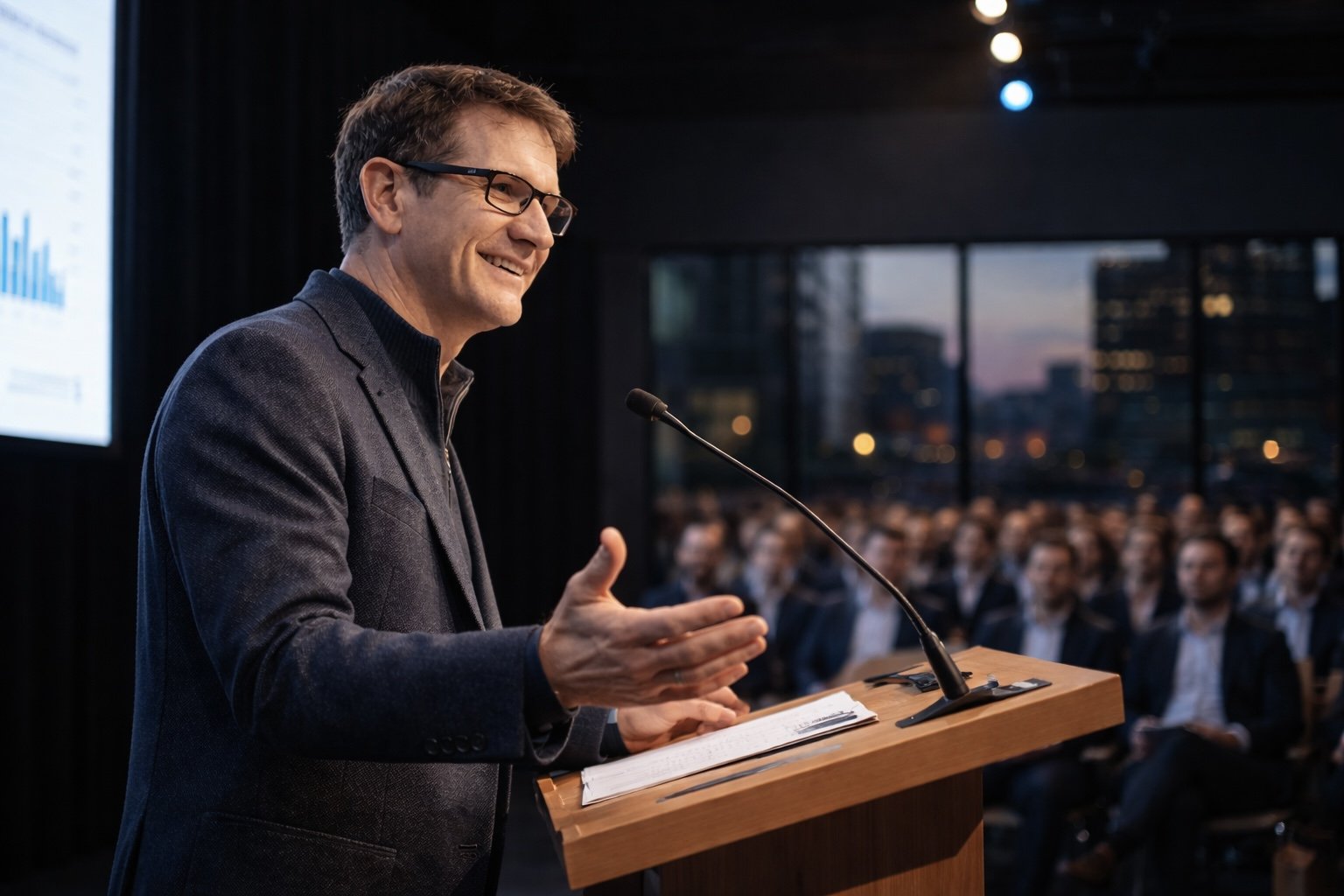 A man with glasses, wearing a blazer, giving a speech at a podium in a conference room with audience members seated in rows, with city buildings and sunset visible through large windows in the background.