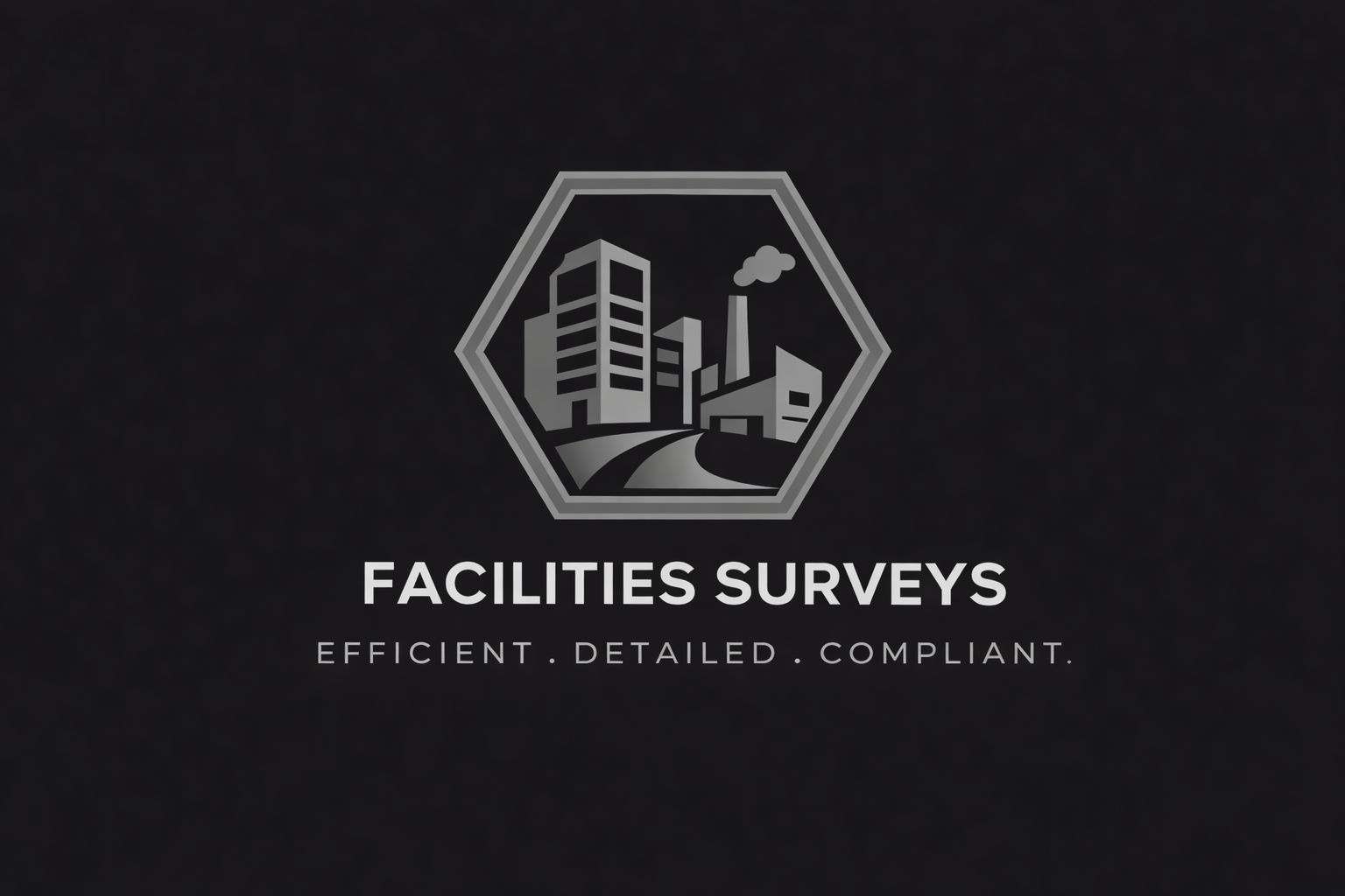 Logo for facilities surveys featuring a stylized cityscape with buildings and a factory, with the text 'Facilities Surveys' and the tagline 'Efficient. Detailed. Compliant.' on a black background.