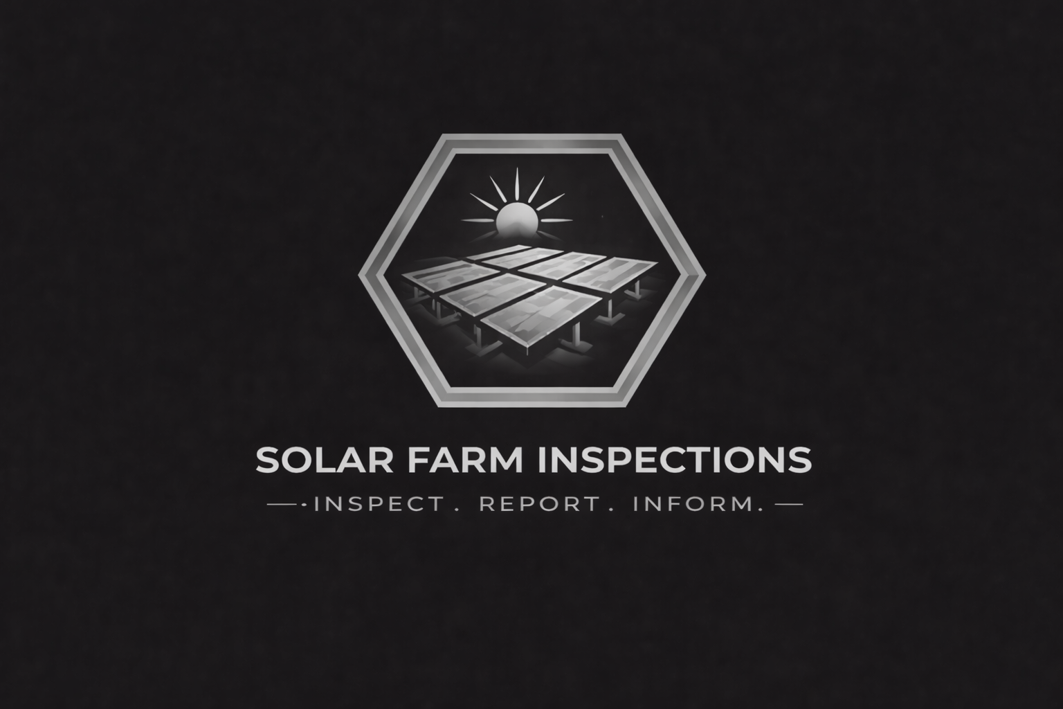 Logo for Solar Farm Inspections featuring a hexagon with a sun and solar panels, with the text 'Solar Farm Inspections' and the tagline 'Inspect. Report. Inform.'