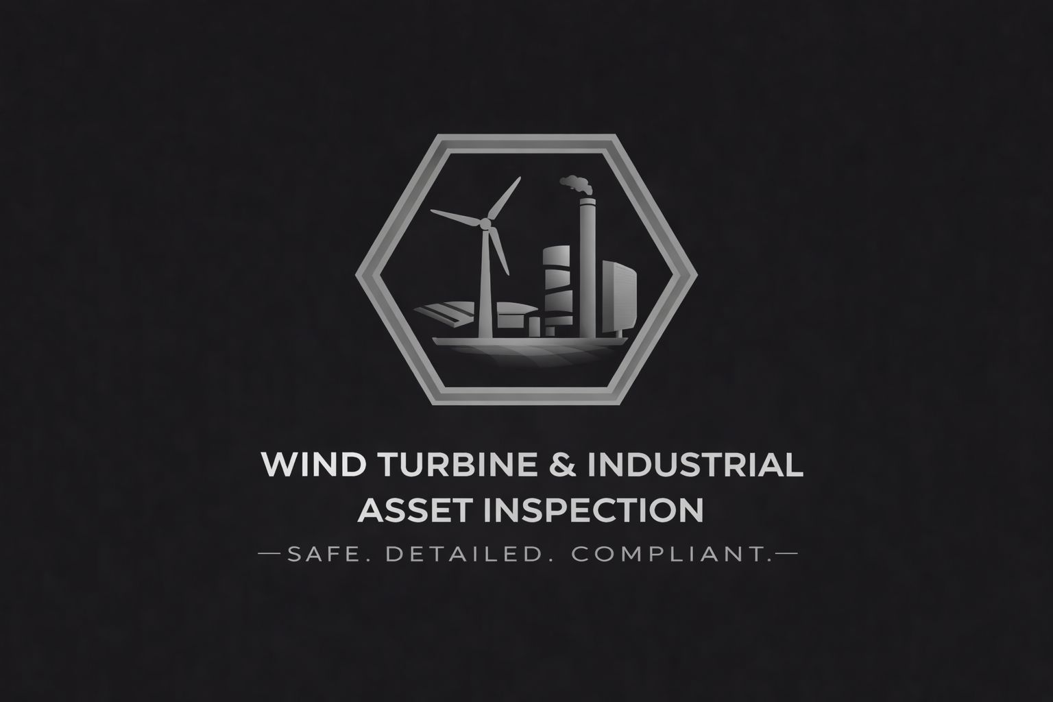 Logo for wind turbine and industrial asset inspection company featuring a wind turbine, industrial buildings, and a factory with a smokestack inside a hexagon, with the text 'Wind Turbine & Industrial Asset Inspection' and 'Safe. Detailed. Compliant.'