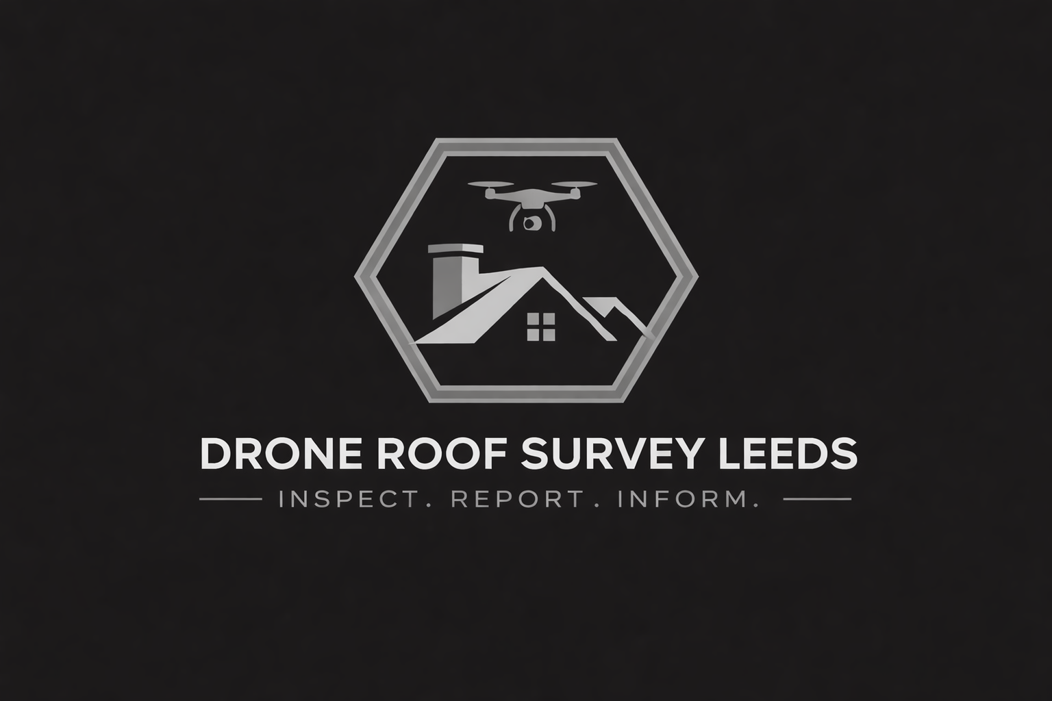 Logo for Drone Roof Survey Leeds featuring a drone, a house with a chimney, and the text 'Drone Roof Survey Leeds' with the tagline 'Inspect. Report. Inform.'.