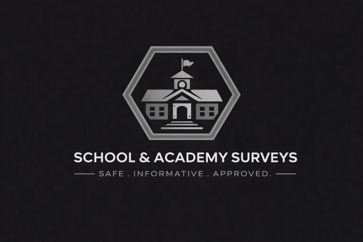 Logo featuring a school building with a flag on top, enclosed in a hexagon shape, with text below that reads 'School & Academy Surveys' and the tagline 'Safe. Informative. Approved.'.