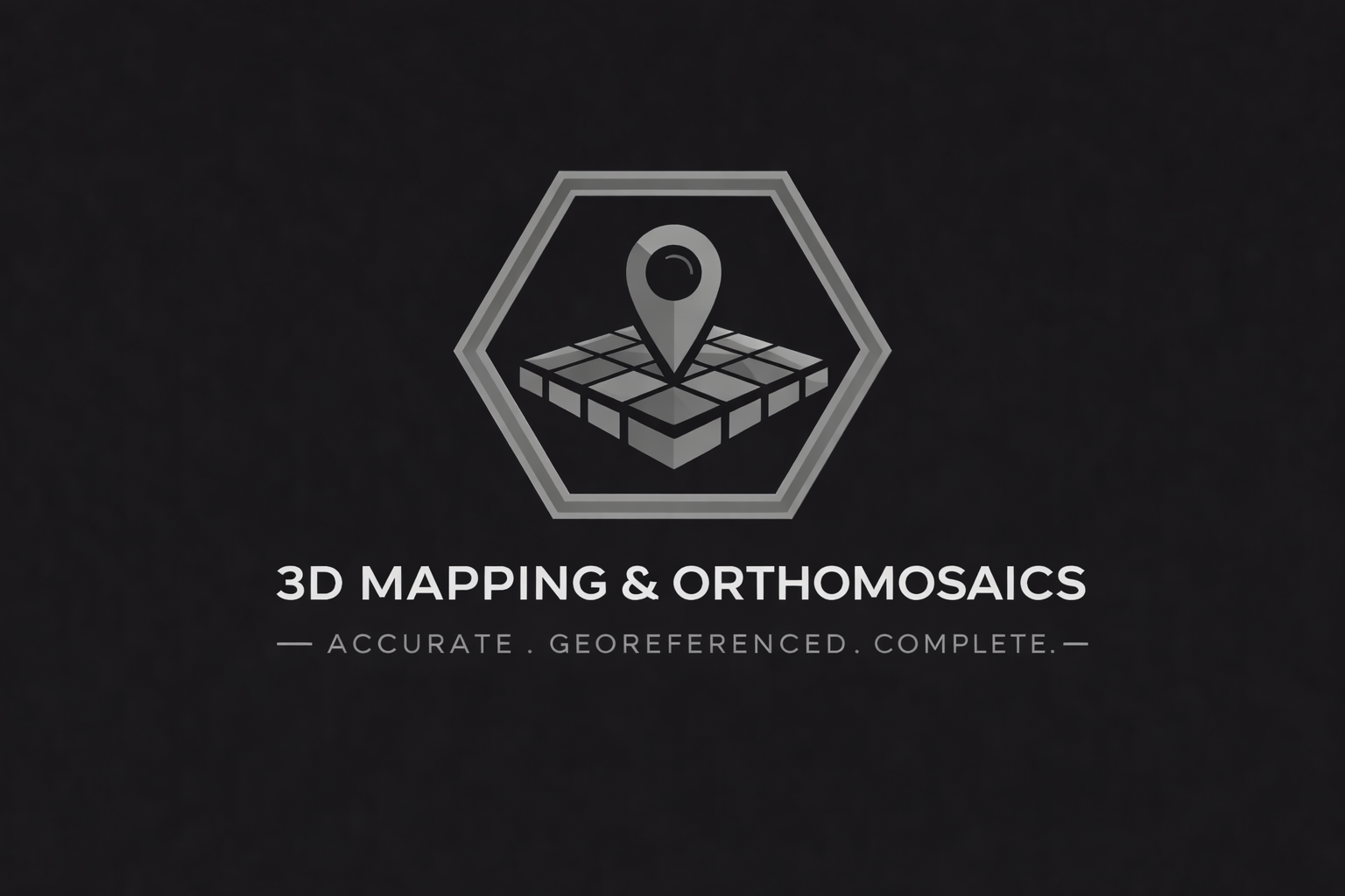 Logo for 3D Mapping & Orthomosaics company featuring a gray hexagon and a map pin over a 3D grid, indicating geospatial services, with tagline 'Accurate, Georeferenced, Complete'.