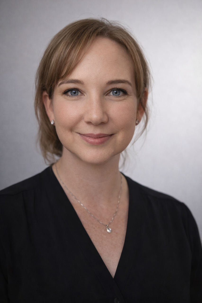A woman smiling, holding a coffee cup in one hand and a brown folder in the other, standing in an indoor space with plants and large windows.