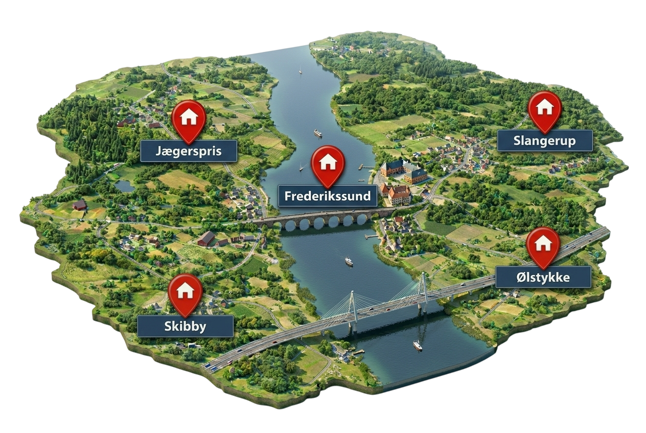 Kort over serviceområde for diamantboring i Frederikssund, Jægerspris, Slangerup, Skibby og Ølstykke i Nordsjælland