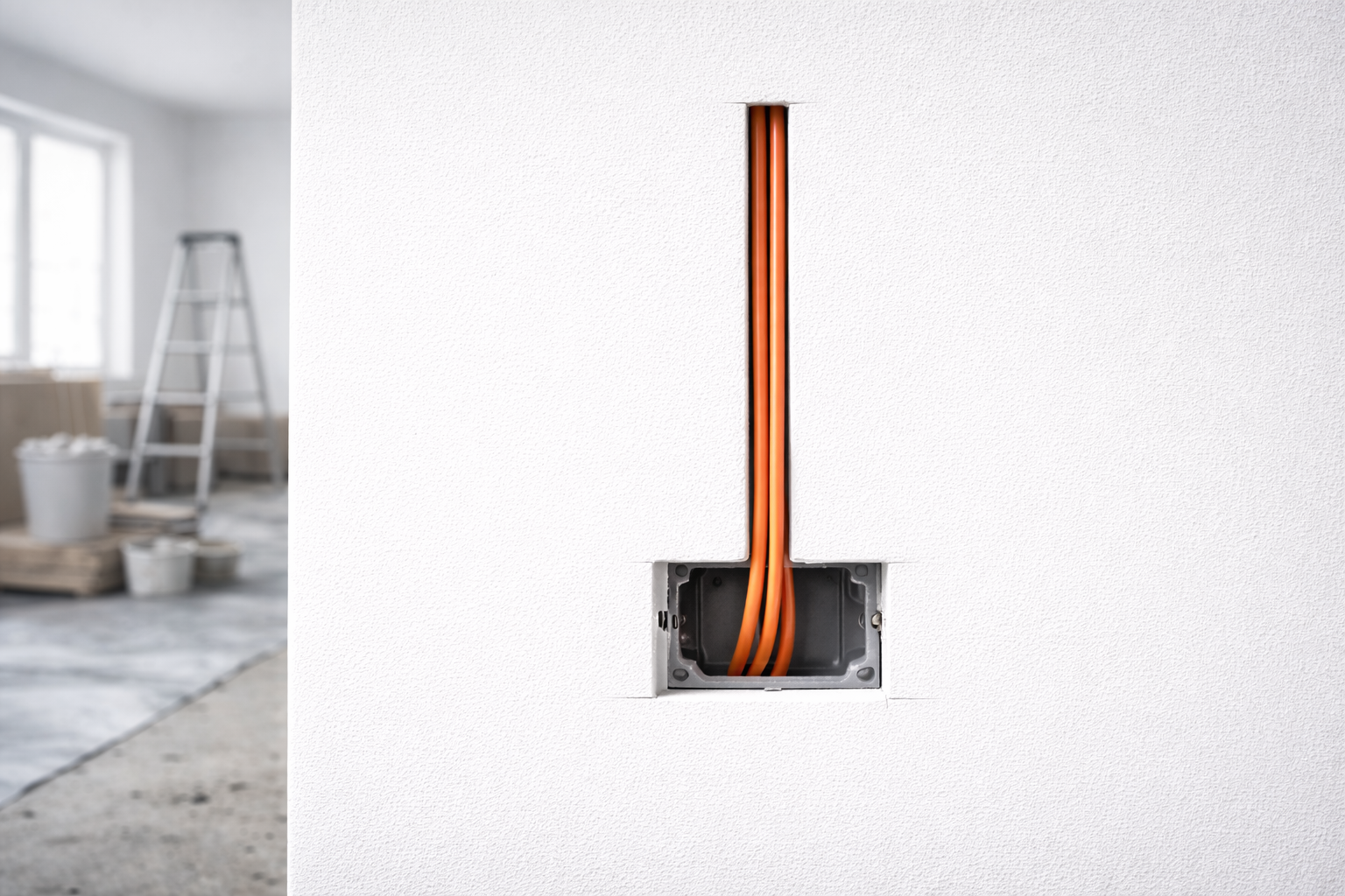 Elektriske ledninger, der løber gennem en væg i et rum under konstruktion.