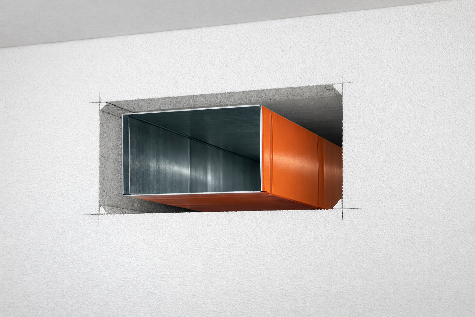 Et hul i en hvid væg med en metallisk ventilationskanal, der har en orange yderside.