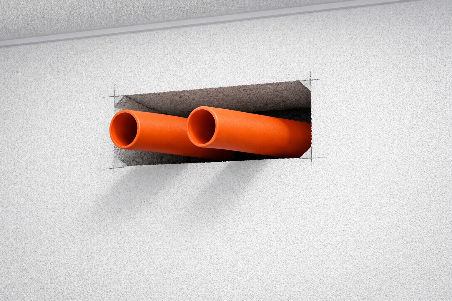 To orange rør, der stikker ud gennem en mur, uden isolering eller afdækning.