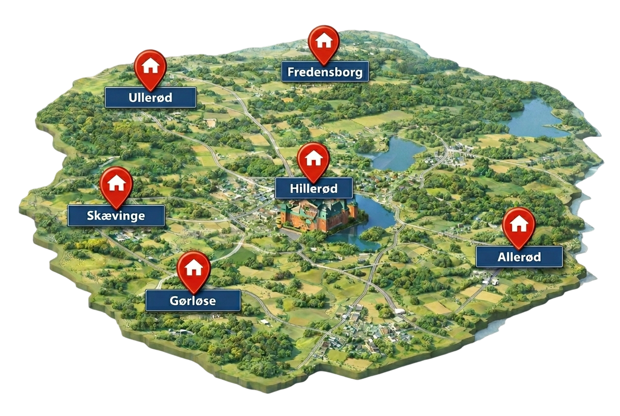 Kort over serviceområde for diamantboring i Hillerød, Allerød, Fredensborg og Nordsjælland