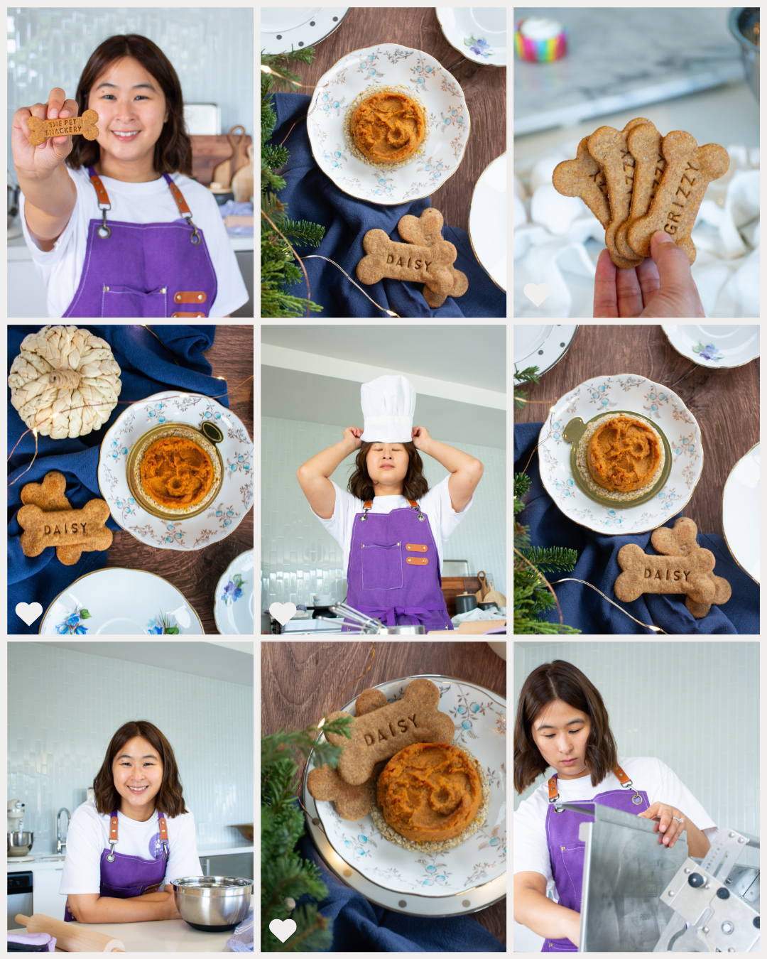 Collage of a young girl in a purple apron baking, with dog bone shaped cookies labeled "Daisy" and "Gracie", a pumpkin-shaped squash, and a chef's hat, in a bright kitchen.