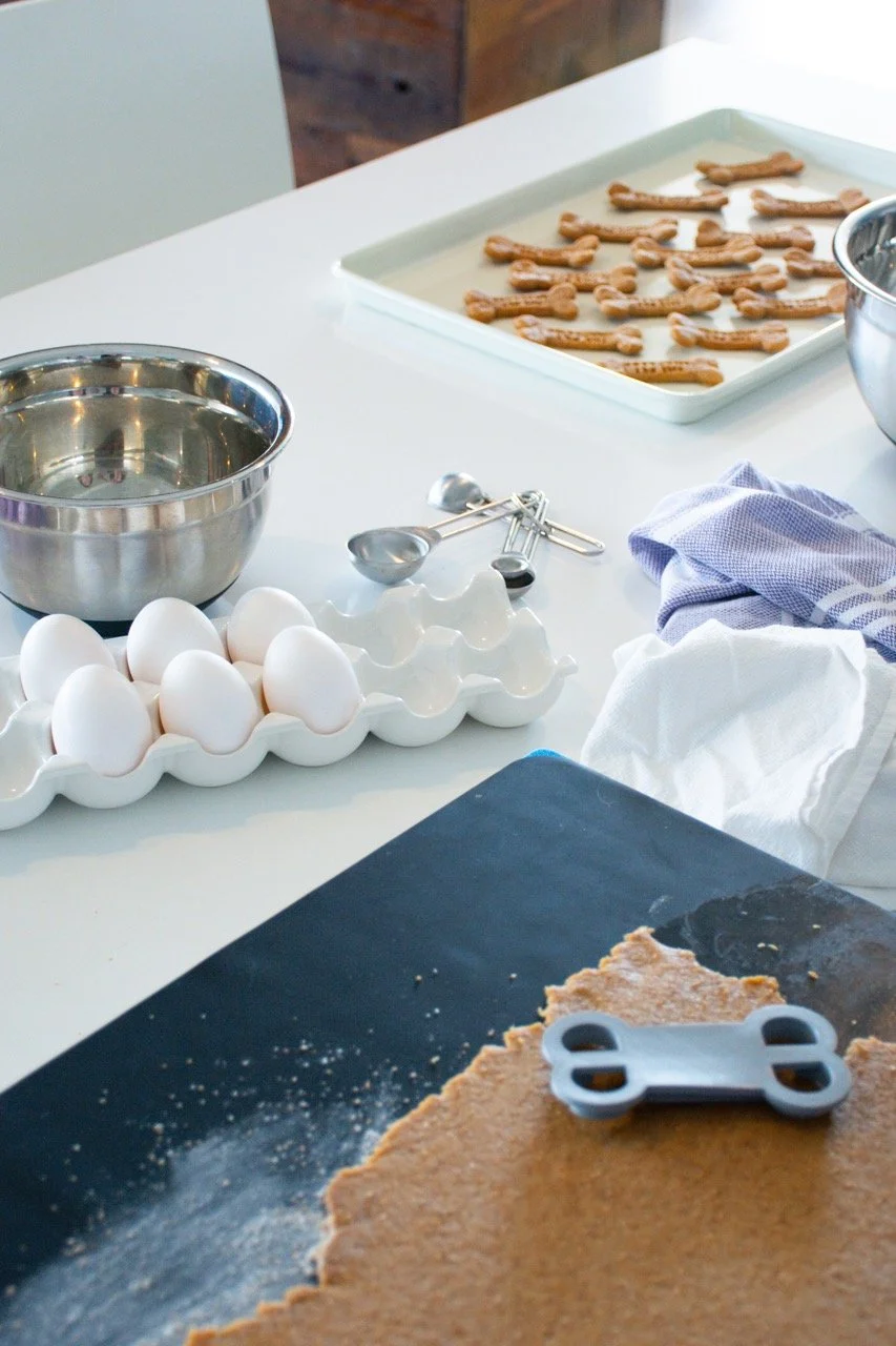 Baking ingredients and tools on a white countertop, including eggs in an egg holder, measuring spoons, a mixing bowl, cookie dough with a bone-shaped clip, and baking sheets with dog bone-shaped cookies.