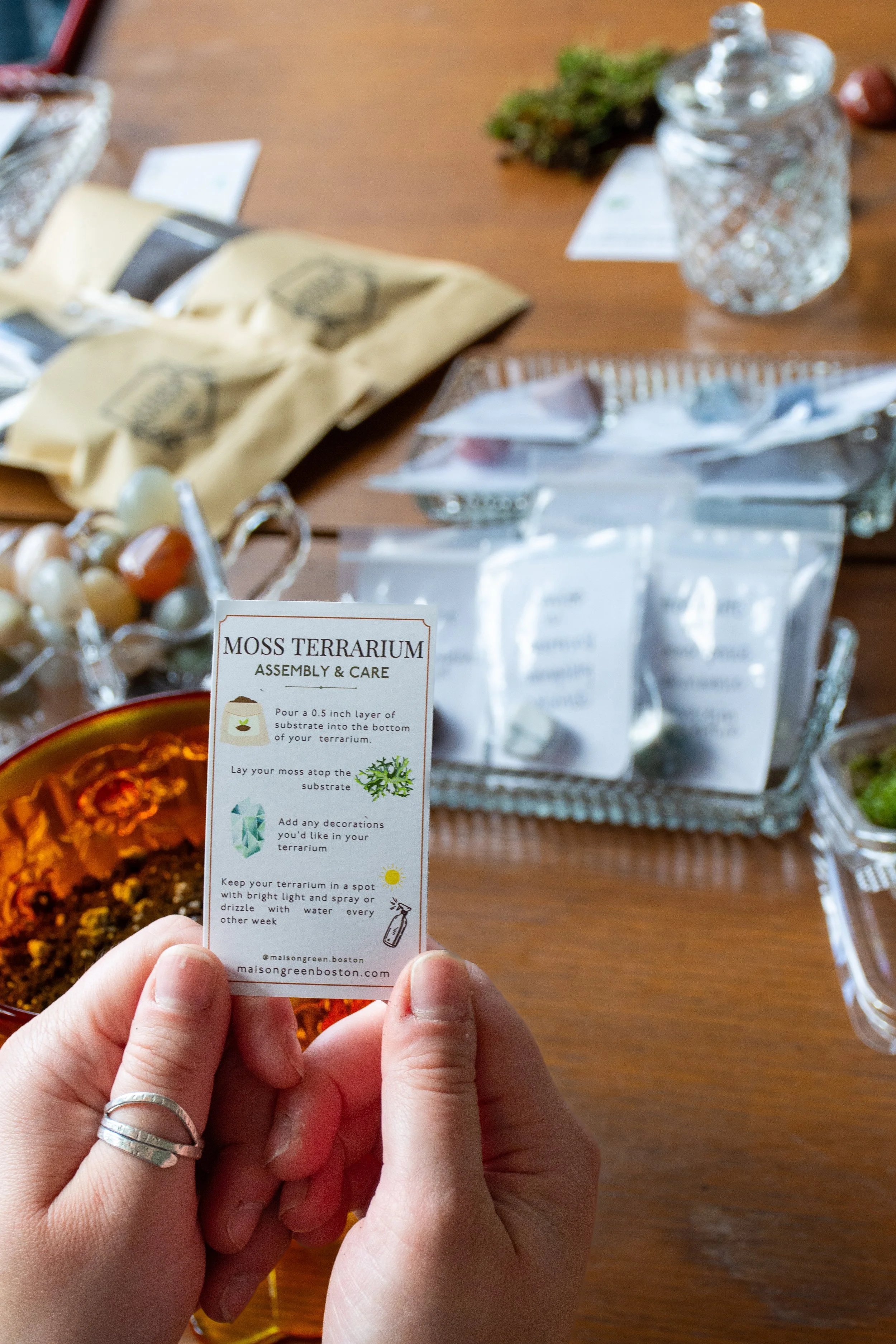 Person holding a card labeled 'Moss Terrarium Assembly & Care' over a table with various supplies, including a glass jar, decorative rocks, and instructions for building a moss terrarium.