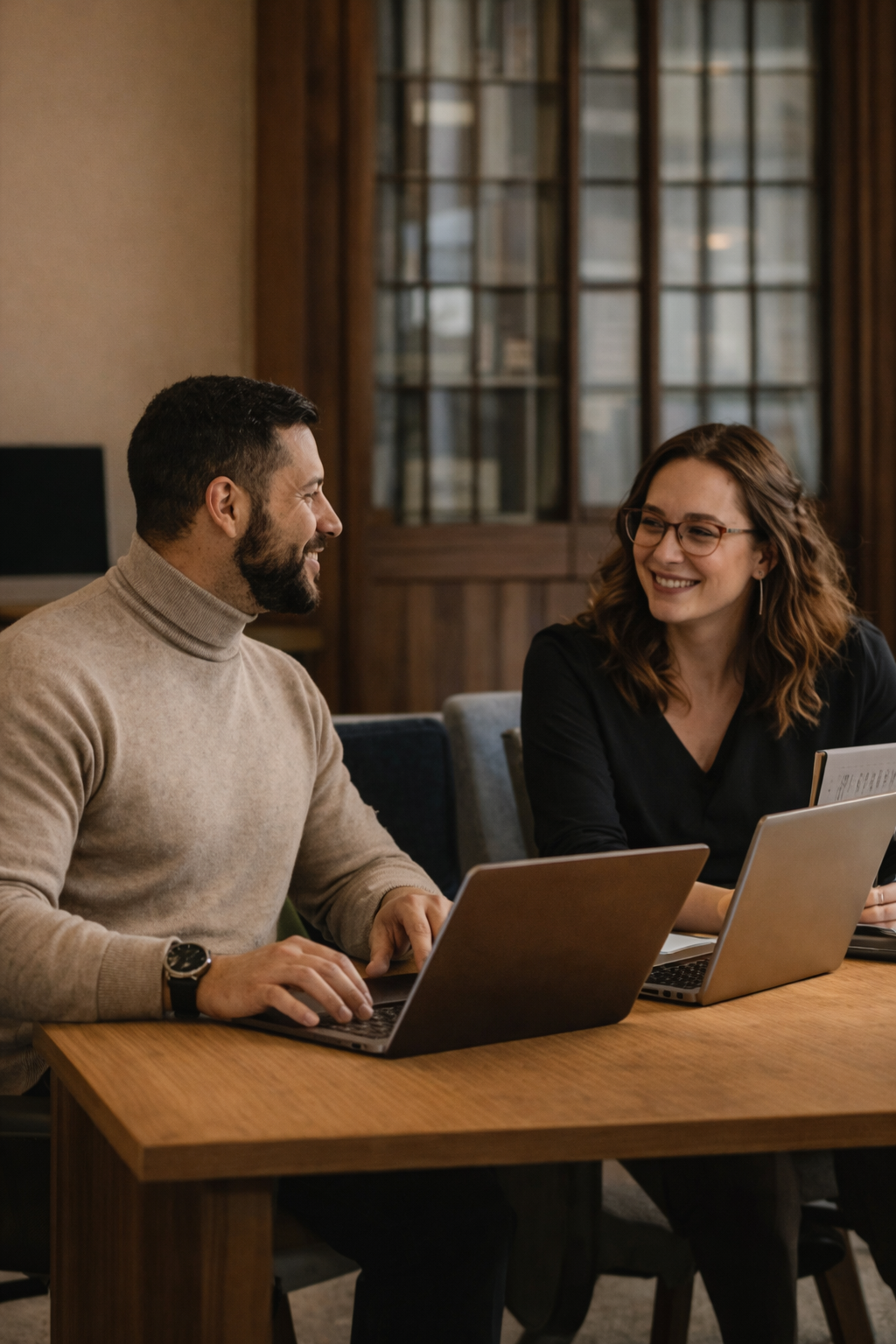 A man and woman sitting at a wooden table in a room with wooden cabinets, working on laptops and smiling at each other.