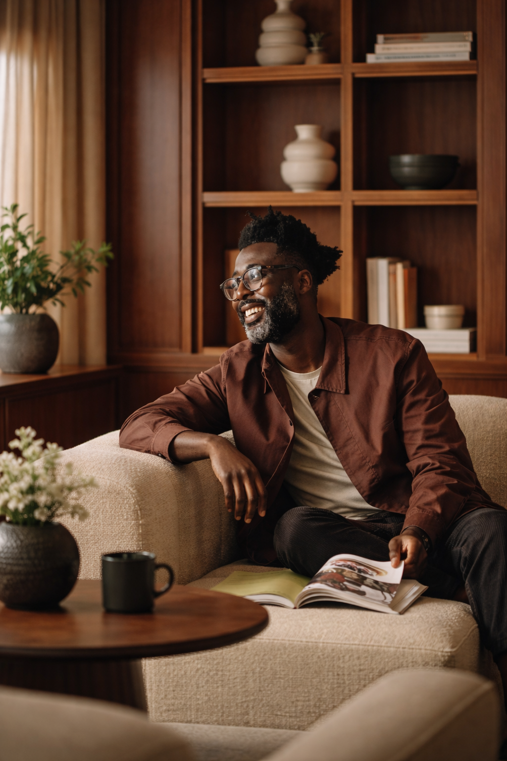 A smiling man with glasses and a beard, wearing a brown jacket, sits on a beige couch in a cozy living room. He is holding an open magazine and appears relaxed. The background features wooden shelves with decorative items and books, and a potted plant on the windowsill.