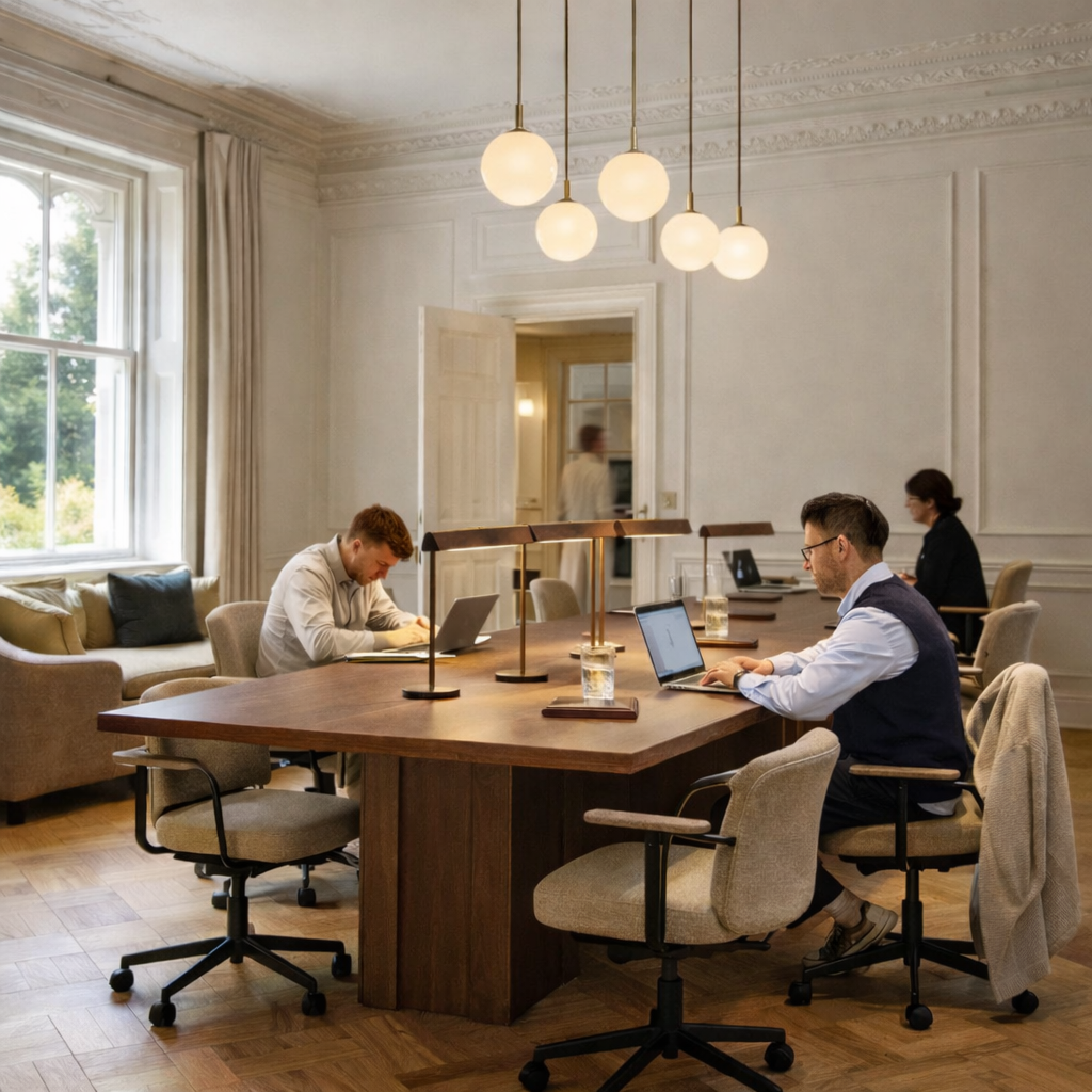 People working on laptops in a well-lit, elegant conference room with large window and decorative ceiling molding.