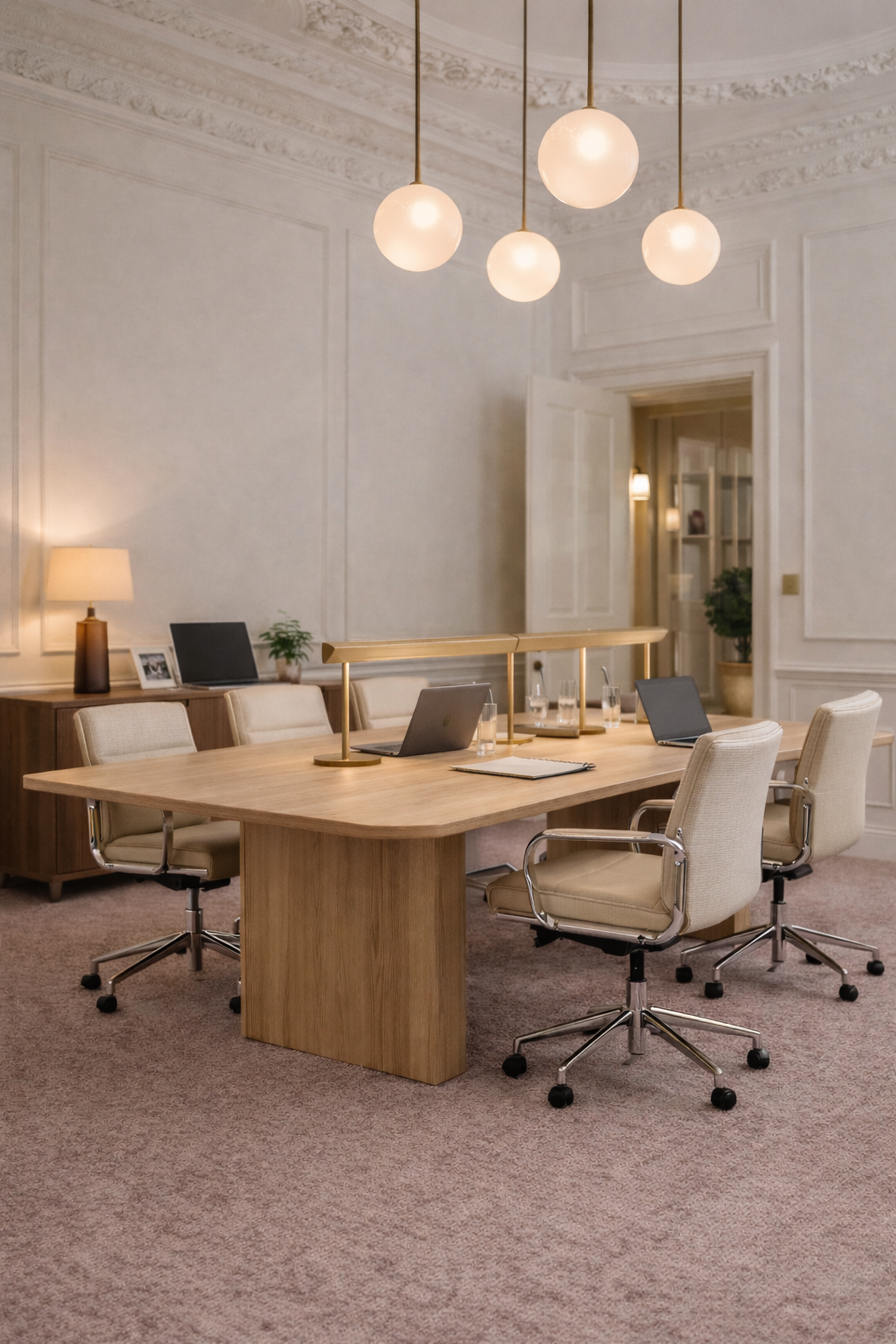 A modern conference room with a wooden table, six beige office chairs, landing on a pinkish carpet. There are laptops, glasses of water, and a notepad on the table. In the background, a sideboard with a lamp, framed pictures, a small plant, and a laptop. Overhead, a lighting fixture with four globe-shaped lights. The room has high, decorated ceilings and an open door leading to another room with a potted plant.