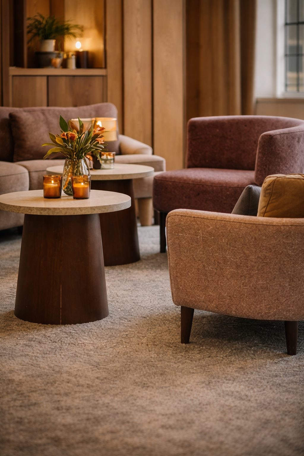A cozy living room with plush armchairs and a sofa with cushions, a round coffee table holding a vase with flowers and candles, wooden wall panels, and soft lighting.