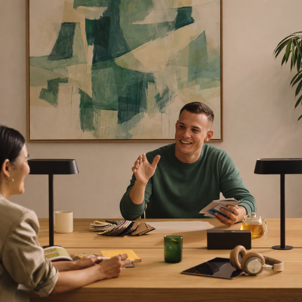 A man and a woman having a conversation at a table in an indoor setting, with the man smiling and holding a notepad, and the woman holding a book, surrounded by items like coffee cups, fabric swatches, and headphones.