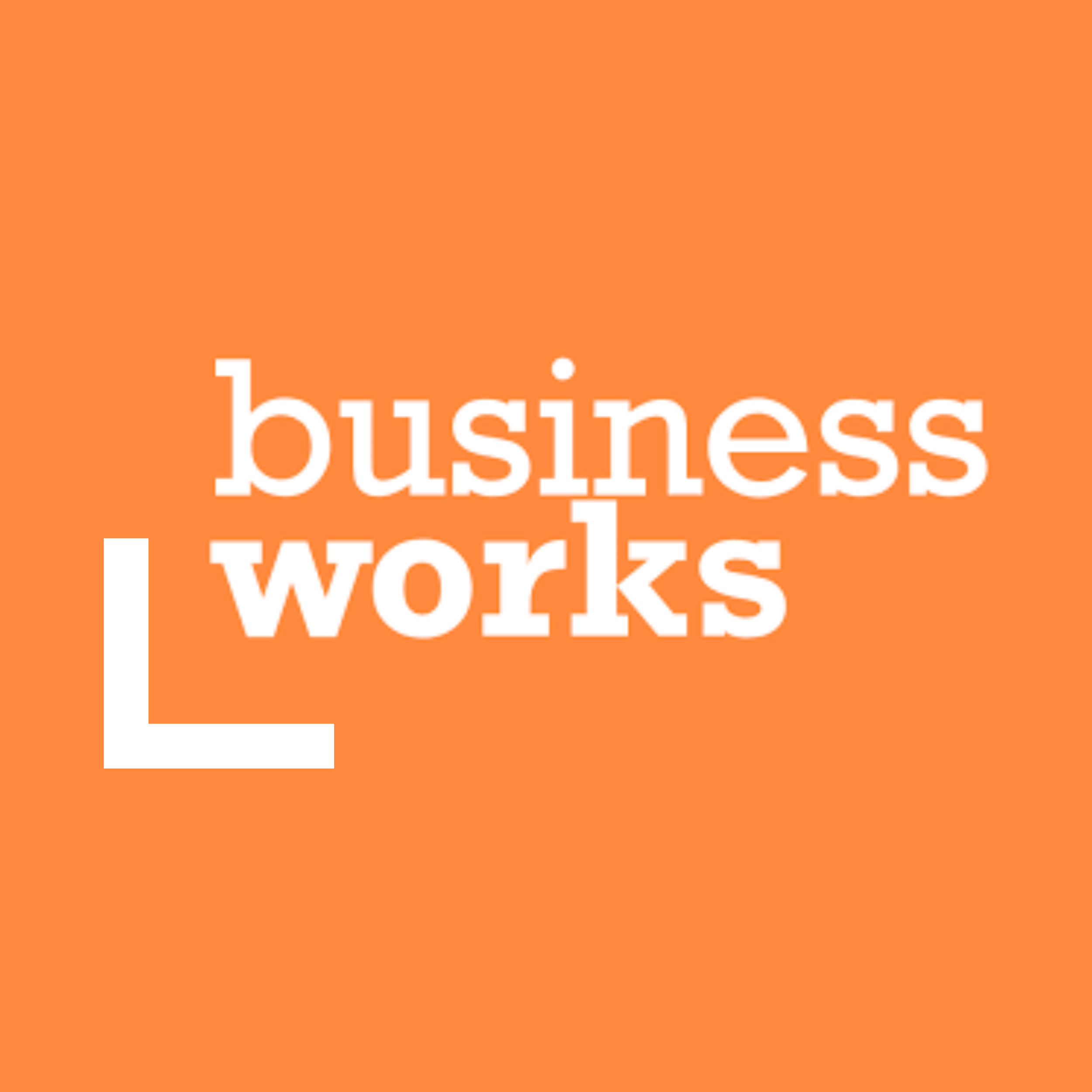 Orange background with white text that says 'business works' and a white 'L' shape in the lower left corner.