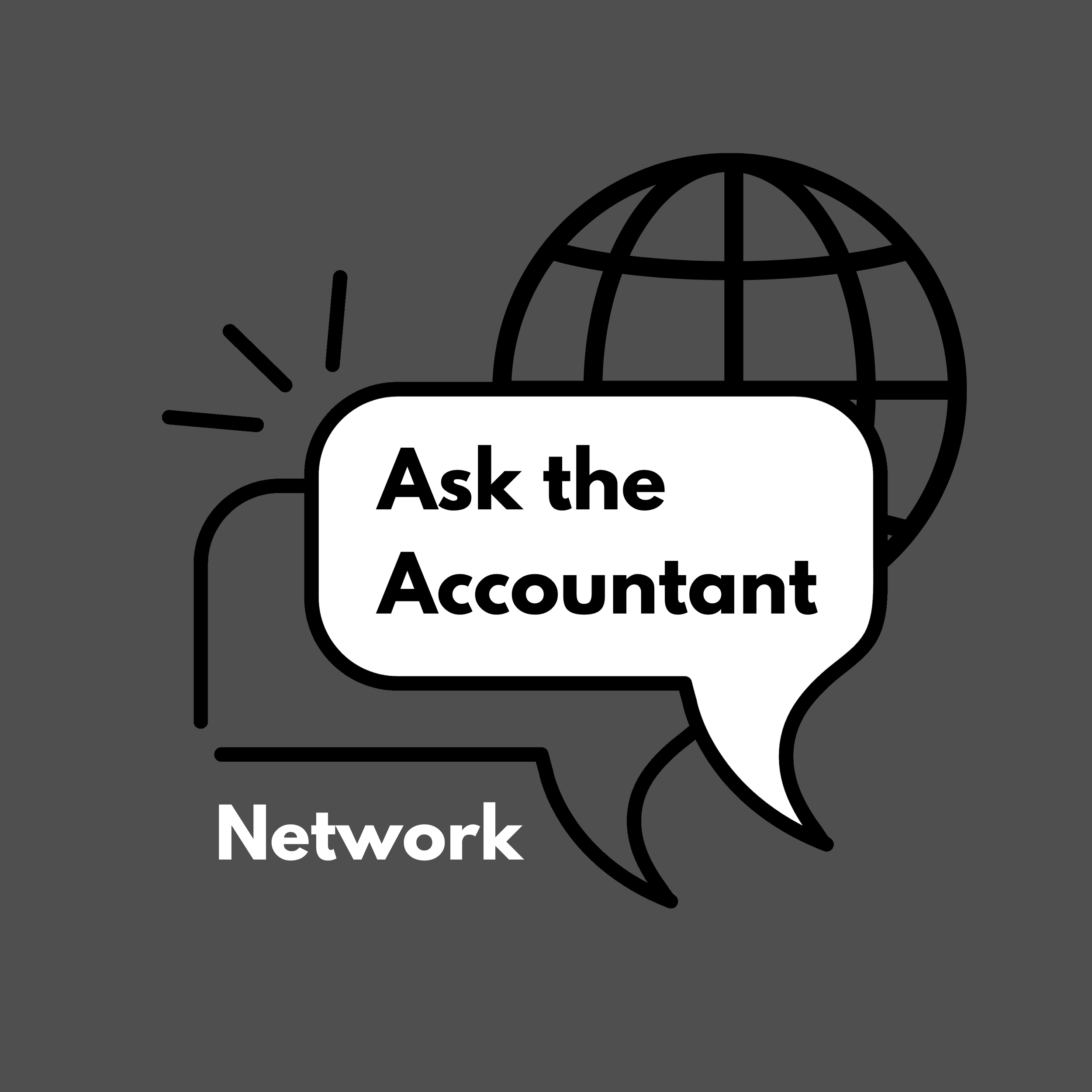 A stylized line drawing of a globewith a speech bubble that says "Ask the Accountant" and the word "Network" below.