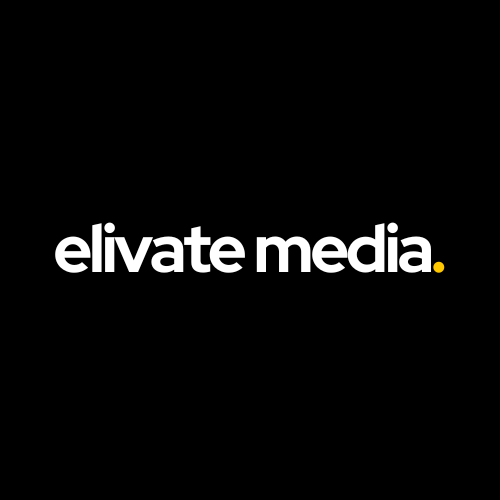 Black background with white text that reads 'elivate media' and a small yellow dot.