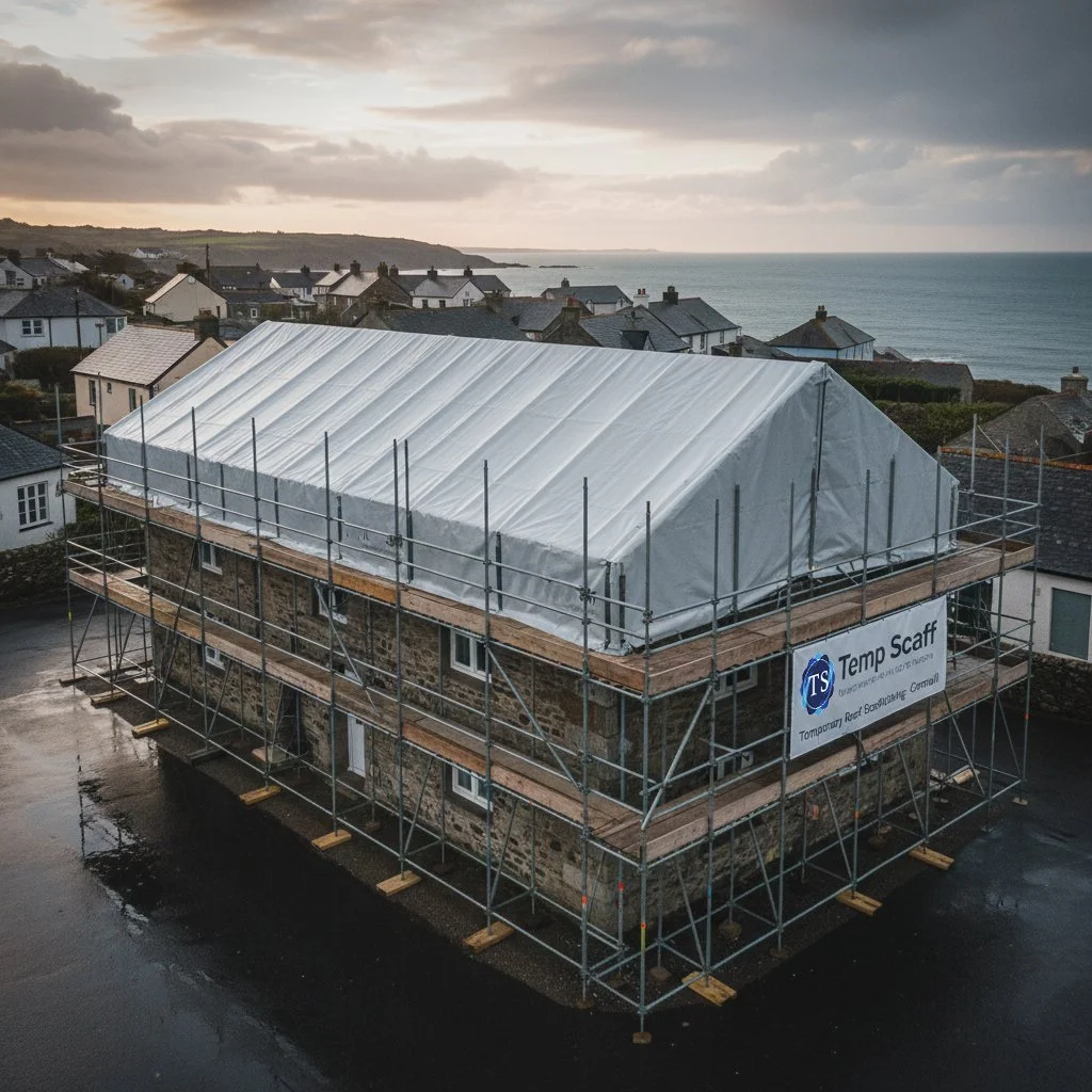 A large house under construction with scaffolding around it and a white tarp covering the roof, situated near a coastal area with houses and the ocean in the background.