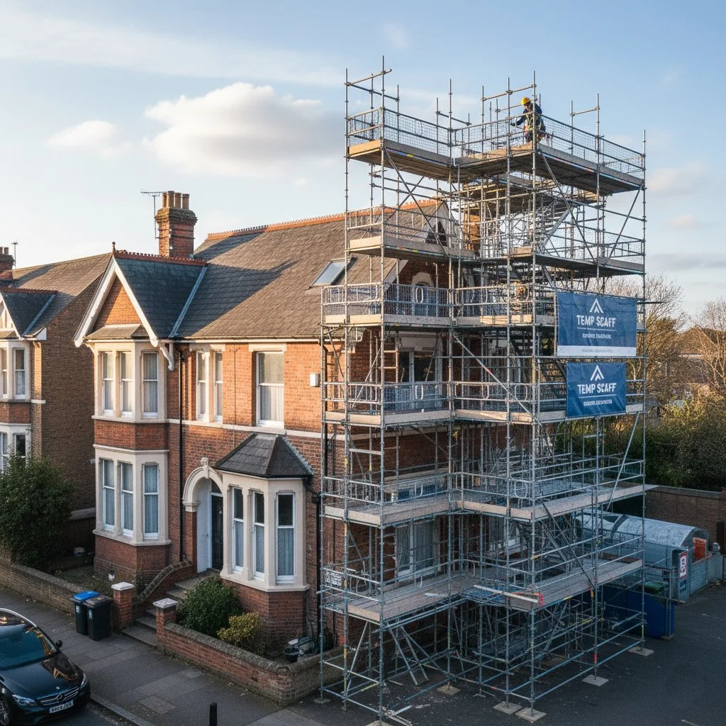 Scaffolding set up around a brick house with a worker on top, working on the roof, during daytime.