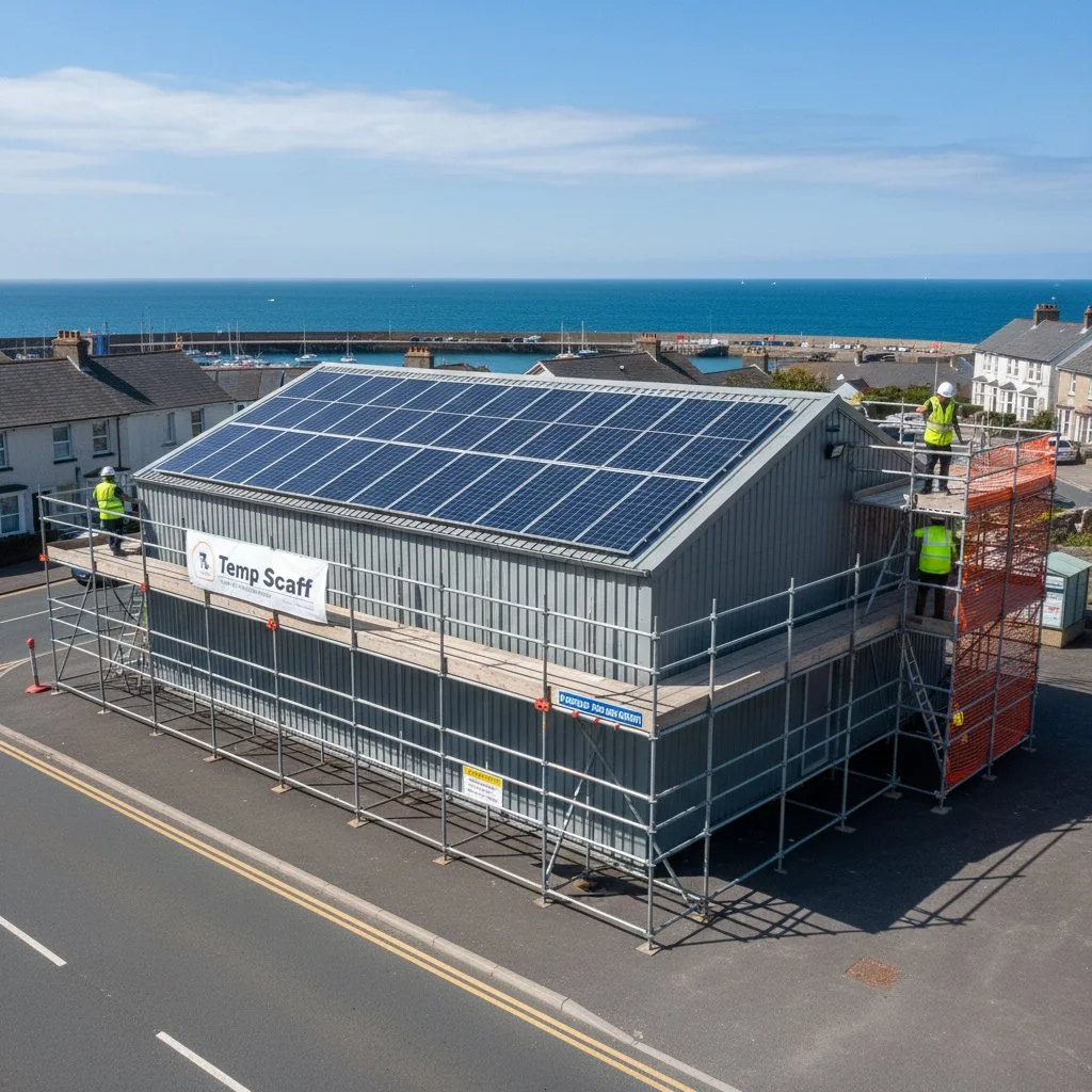A building with multiple solar panels on its roof under construction, surrounded by scaffolding, with workers wearing safety vests and helmets, against a seaside background with houses and the ocean.