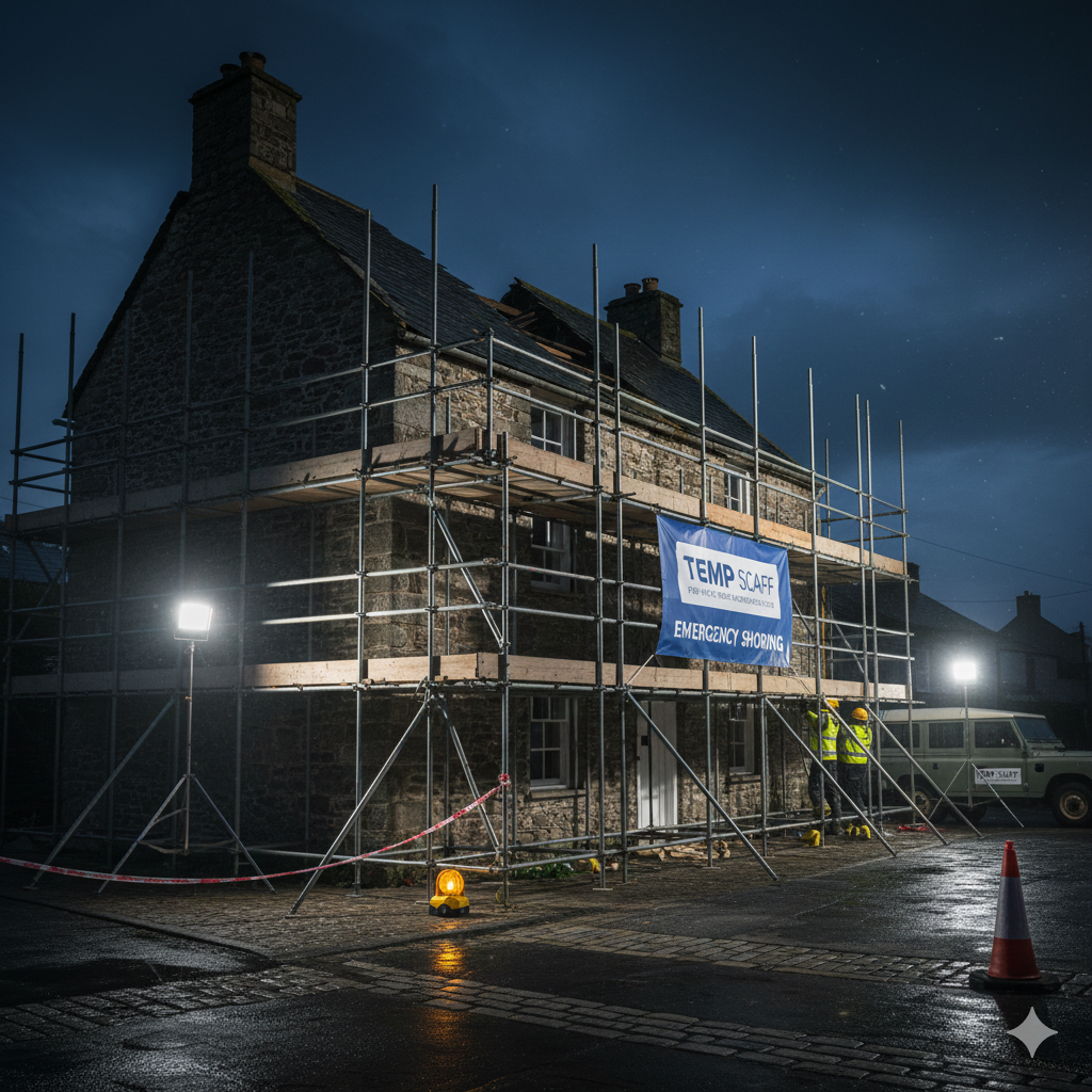 A stone house under construction at night, surrounded by scaffolding and warning lights, with a sign indicating 'TEMP SCAFF' and 'EMERGENCY SHORING', and workers in safety gear nearby.