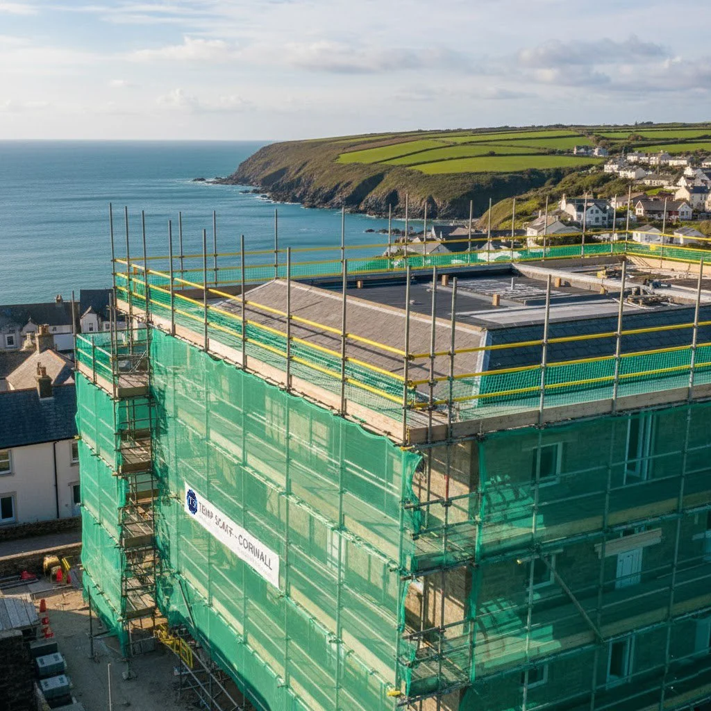 Building under construction with green safety netting and scaffolding, overlooking a coastal village with hills and the ocean.