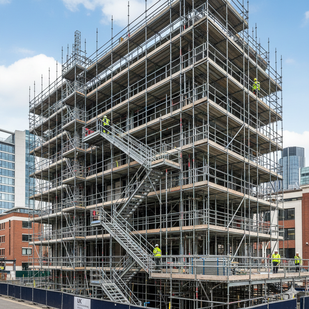 A multi-story building under construction surrounded by scaffolding with workers in yellow safety vests and helmets