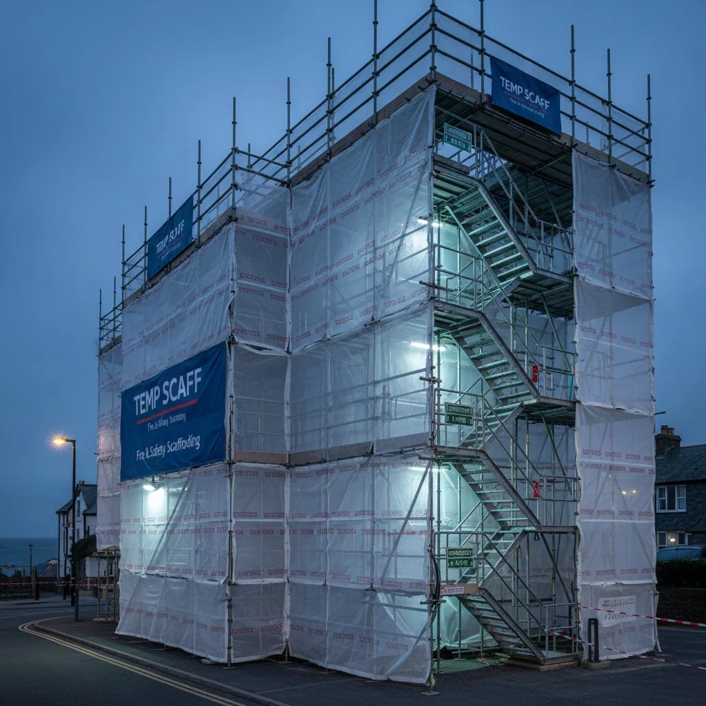 A multi-story building under construction or renovation, covered in scaffolding and white protective sheeting, with blue banners reading "TEMP SCAFF." External metal stairs are attached to the scaffolding, and the scene is illuminated by outdoor lighting during twilight or early evening.