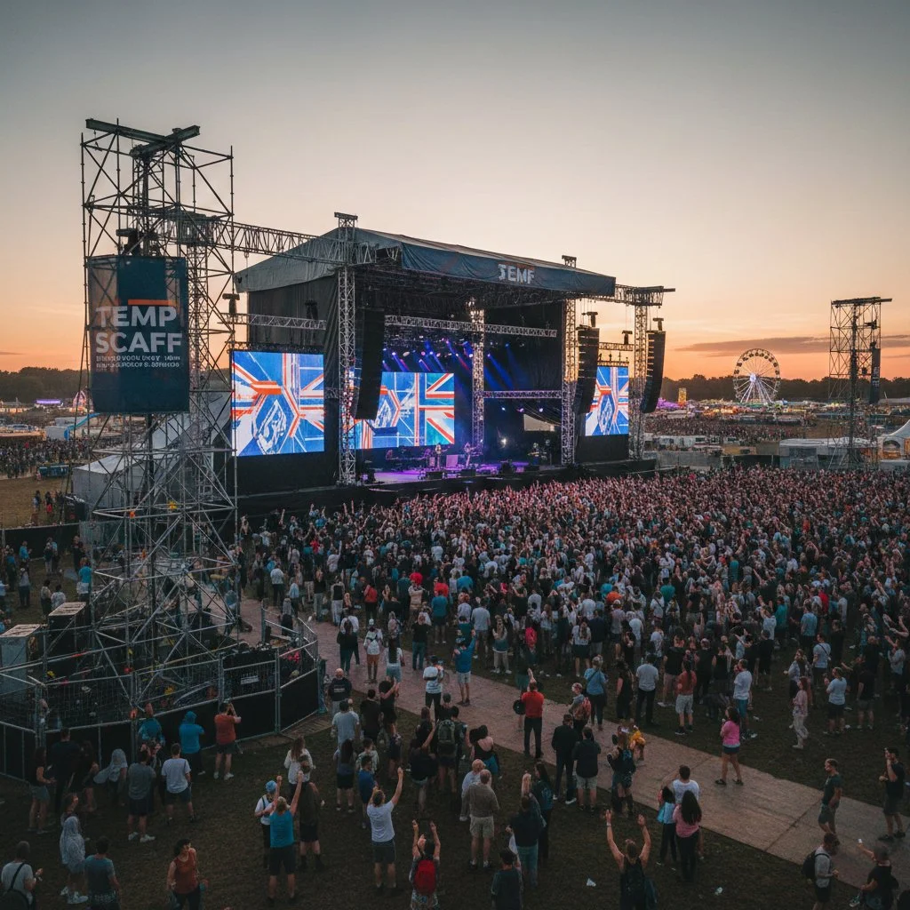 A large outdoor concert with a stage featuring screens displaying the Union Jack flag, surrounded by a crowd at sunset, with a Ferris wheel in the background.