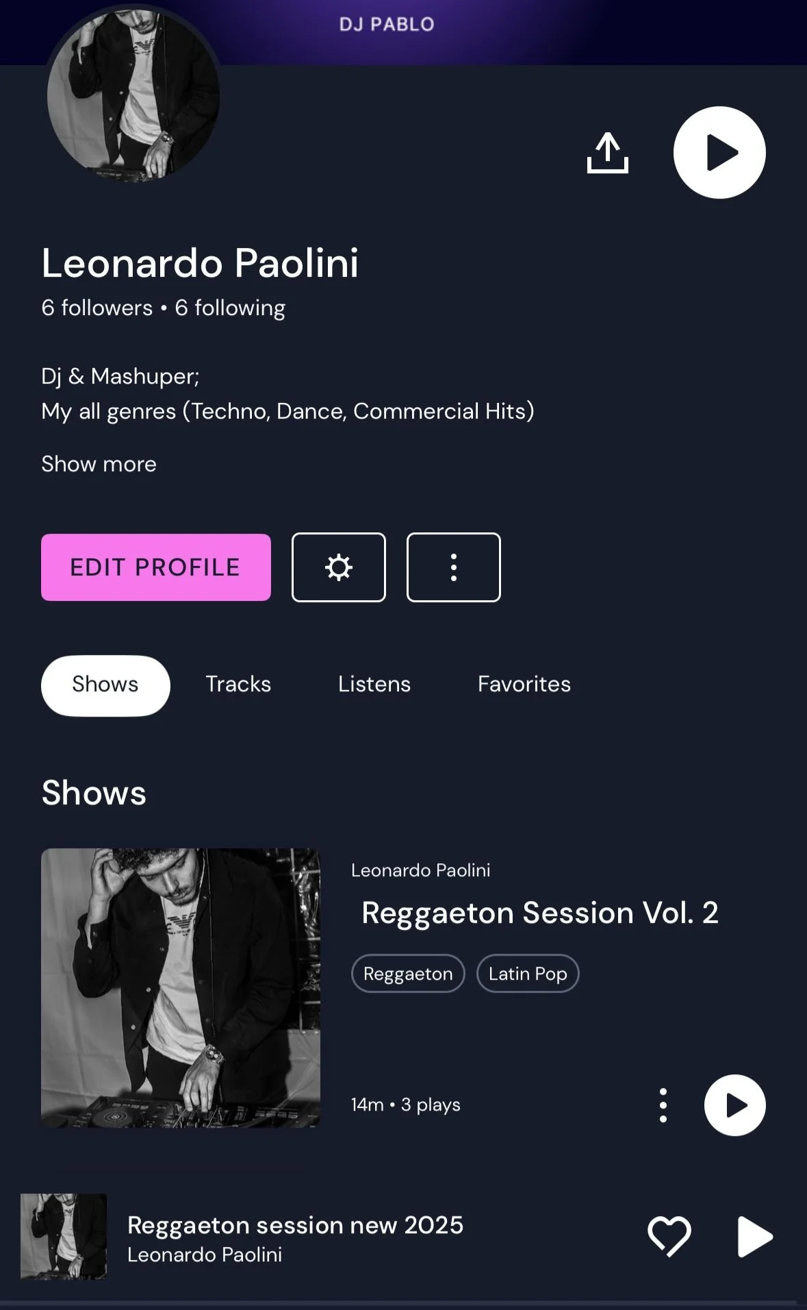 Profilo di Leonardo Paolini con musica e playlist di DJ. Mostra un'immagine dell'artista con dettagli sui suoi spettacoli e generi musicali