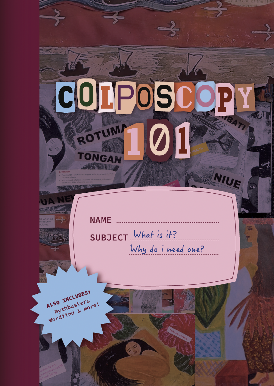 A colourful brochure cover featuring the words Colposcopy 101