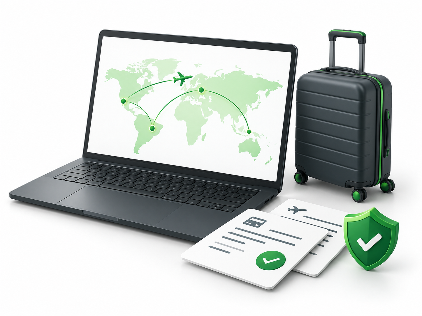 Business travel management illustration showing international travel routes, expense approvals and traveller protection.